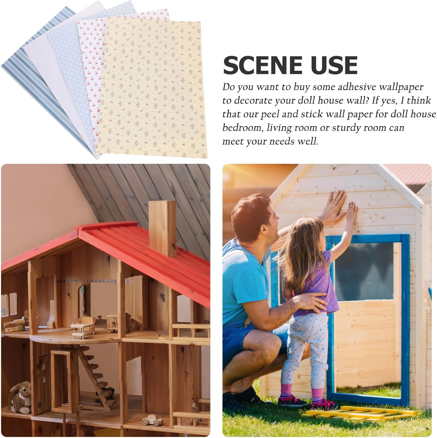 Abaodam 5 Sheets Dollhouse Wallpapers Miniature Wallpaper: Dollhouse Floorboards Flower Cherry Striped Doll House Carpet Peel and Stick Vinyl Film Floor Tile Sticker for Doll House Accessories image number 3