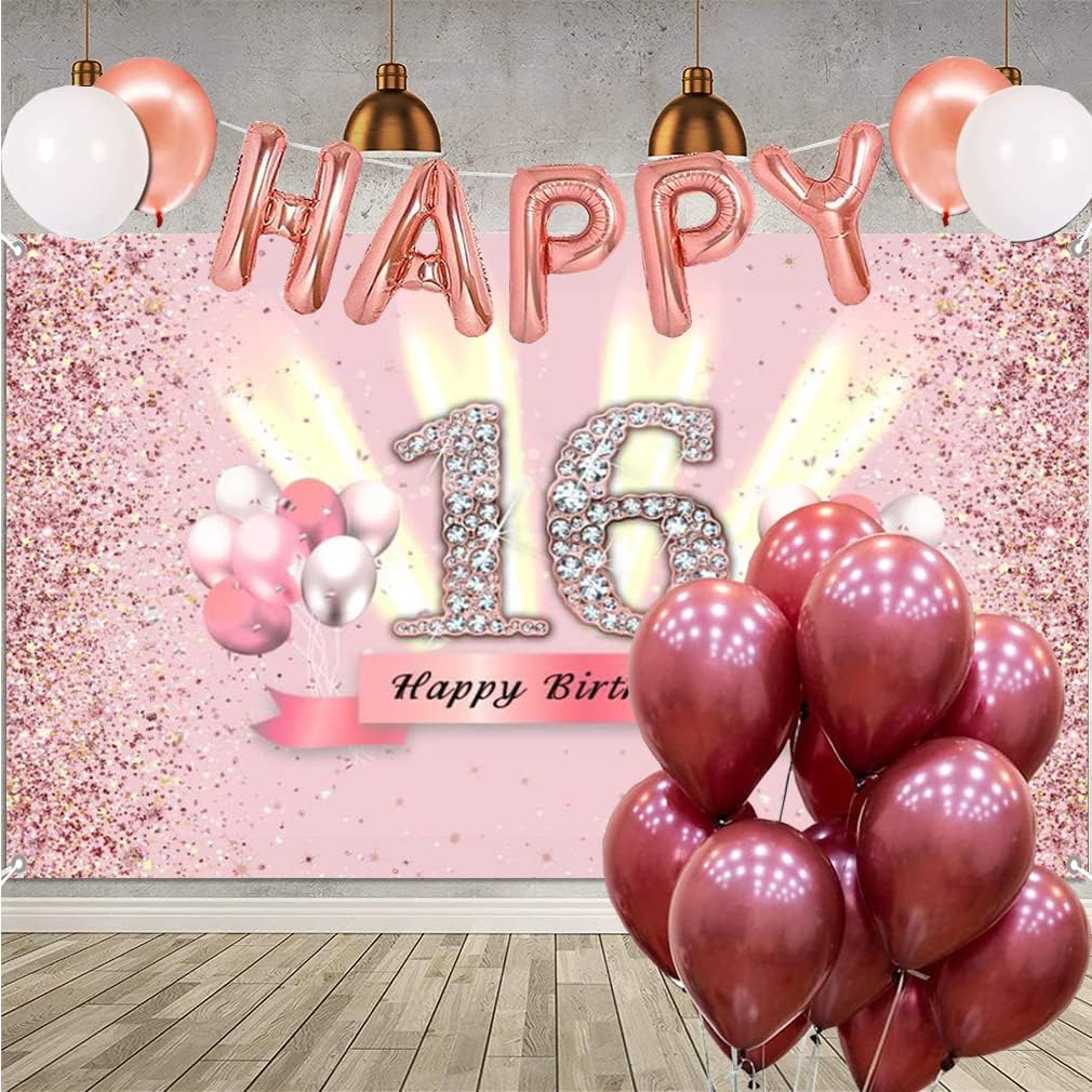 16Th Birthday Decorations for Girls, Backdrop Banner Party Deco Girl 16 Years Old Anniversary Party Fabric Sign Poster Pink Photo Background 16Th Birthday Party Supplies, 59"X35.4" image number 1