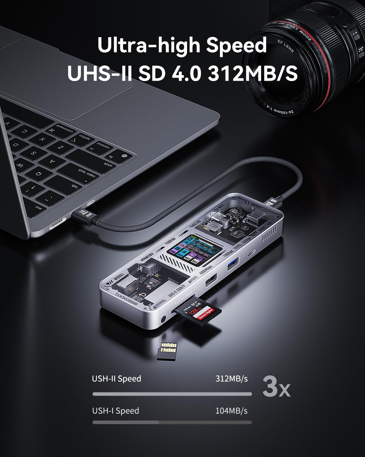 DOCKCASE Explorer Edition 10-In-1 USB C Hub, Dual 4K HDMI USB C Adapter, Gigabit Ethernet,1 USB-C and 3 USB-A Ports,100W PD Power Delivery, UHS-II TF/SD Card Reader for Macbook Pro,And More (Silver) - Black image number 2