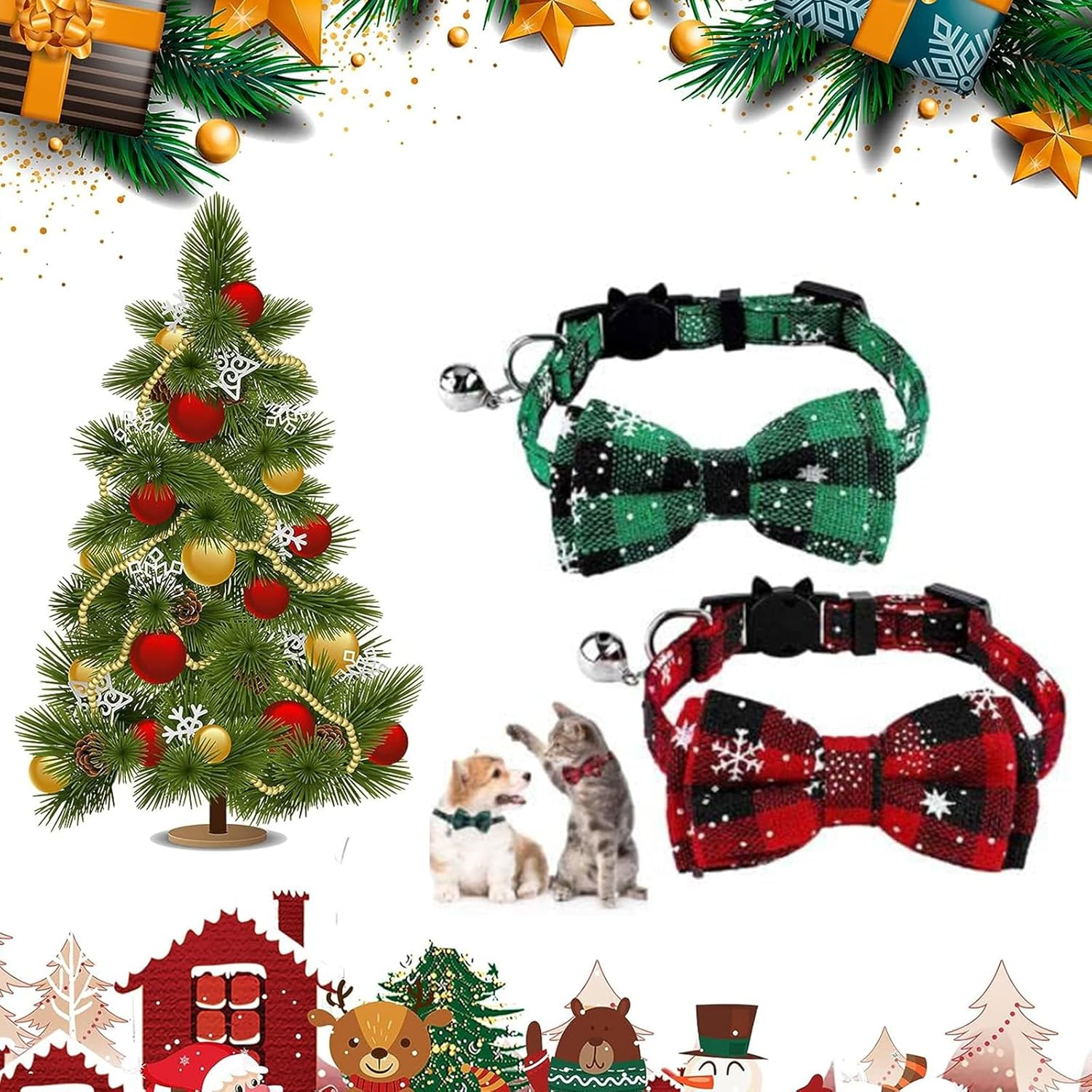 Christmas Collar, Kitten Collars, 2 Pieces Christmas Cat Collar, Christmas Cat Collar, Christmas Cat Bow Tie Collar, Pet Christmas Collar, Small Dog Collars, Adjustable image number 2
