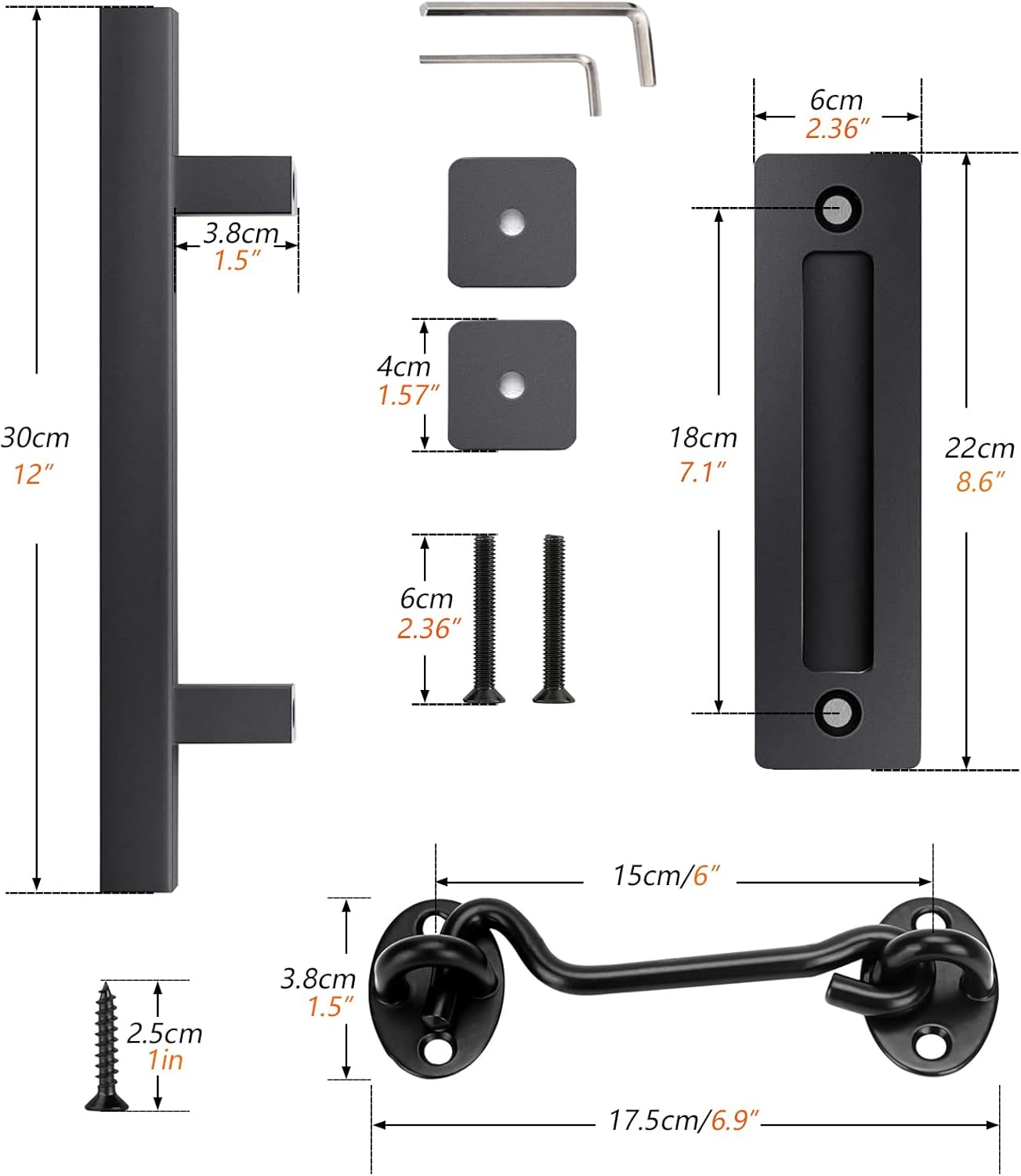 Heavy Duty 12" Sliding Barn Door Handle and Gate Latch Set, Matte Black Carbon Steel Pull Handle for Interior/Exterior Use, Double Sided Sliding Door Handle with Door Latch, Barn Door Lock & Handle image number 3