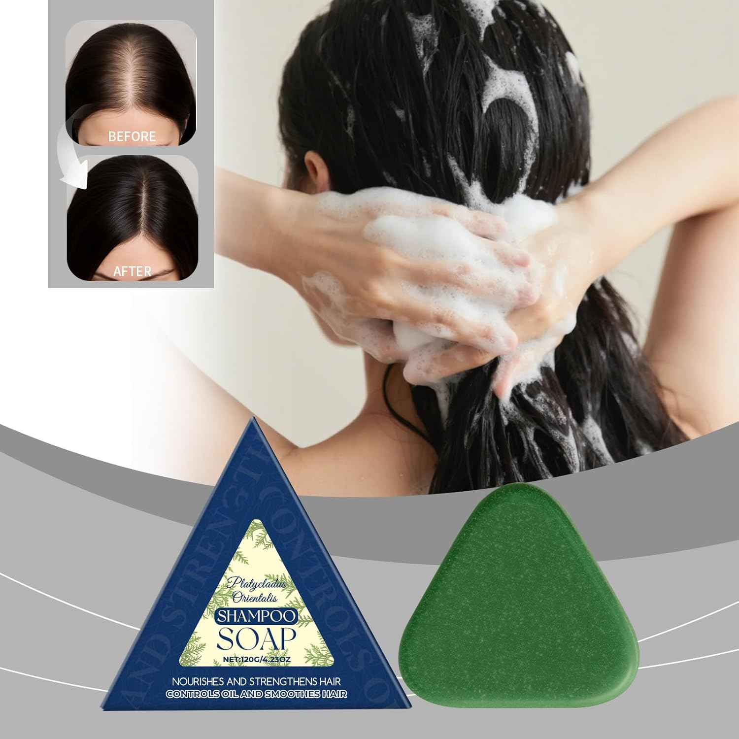 Nature Triangleted Shampoo Bar Hair Soap, Platycladus Orientalis Shampoo Soap, Gentle on Hair & Scalp for Women and Mens, Strengthens Smooths (1PCS) - 3Pcs image number 3