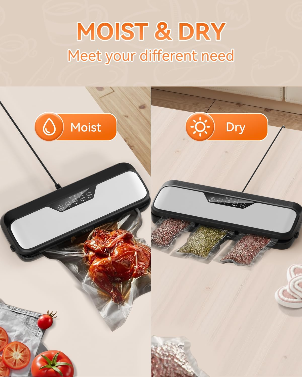 Billord Vacuum Sealer Machine - Automatic Food Vacuum Sealing Machine Stainless Steel for Food Preservation, Dry Moist Sealing Modes, Built-In Cutter Starter Kit, One Touch, Led Indicator Lights image number 3