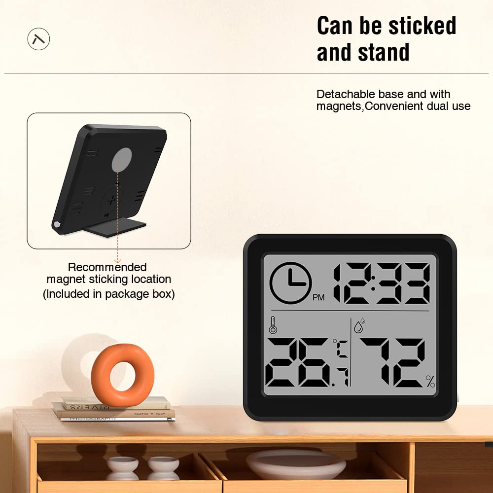 [2 Pack] 3.2 Inch Digital Indoor Hygrometer Thermometer, Room Thermometer Humidity Gauge with Time Clock, High Accuracy Temperature Humidity Monitor with Magnet for Home Office Greenhouse, Black image number 5
