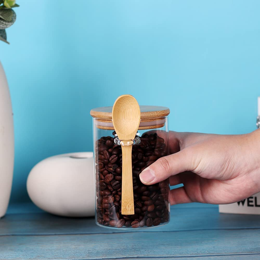 Glass Jars with Airtight Bamboo Lid and Spoon, Overnight Oats Containers Glass Food Storage Jars, Coffee Beans Tea Flour Sugar Nuts Candy Bath Salts Loose Tea Coffee Containers 17 OZ Liquid (3PCS) image number 1