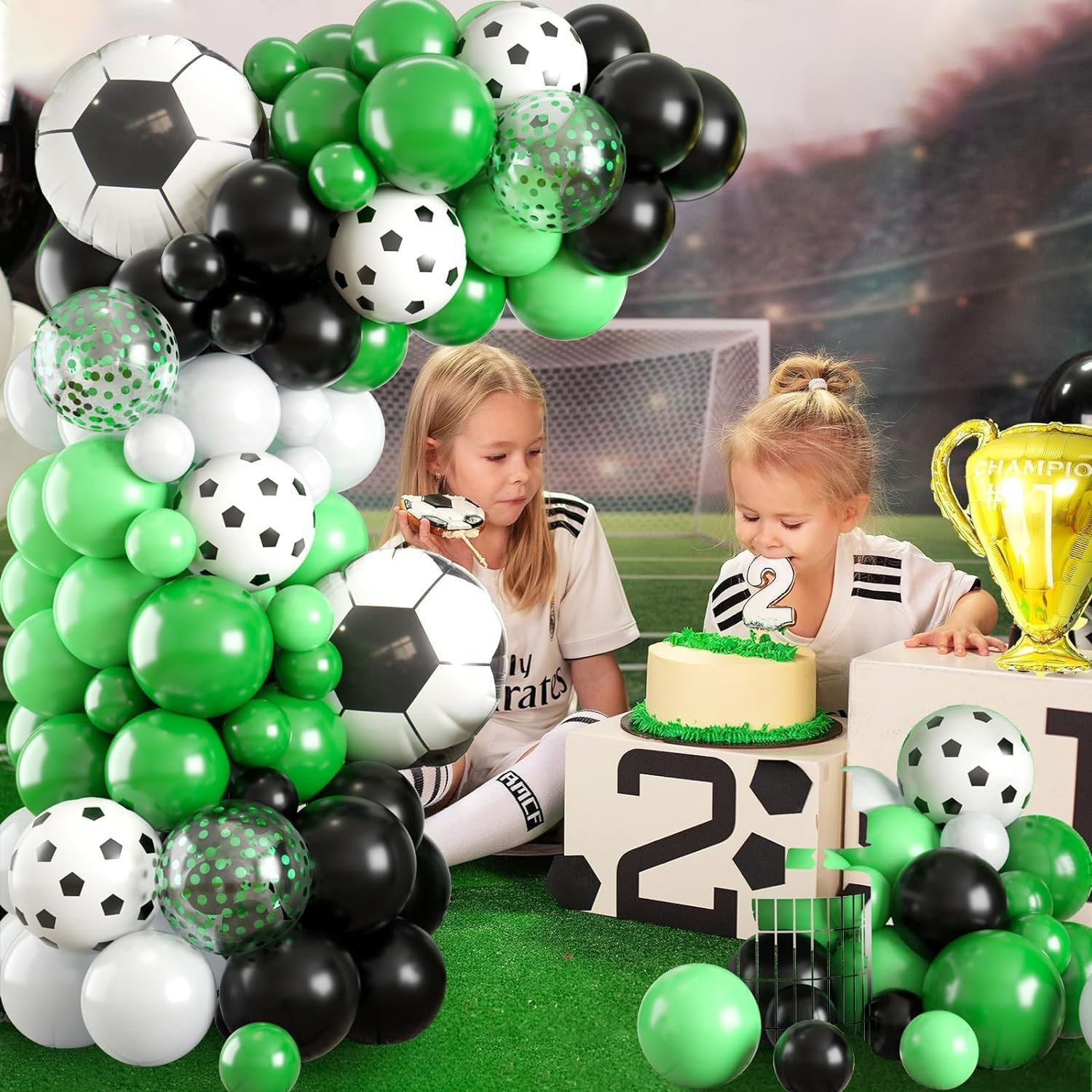 Soccer Balloon Arch Garland Kit 121 Pcs, Green Black White Confetti Balloons Decorations with Soccer Champion Cup Foil Balloons for Men Teen Kids Soccer Football Theme Birthday Party Decor Supplies image number 5