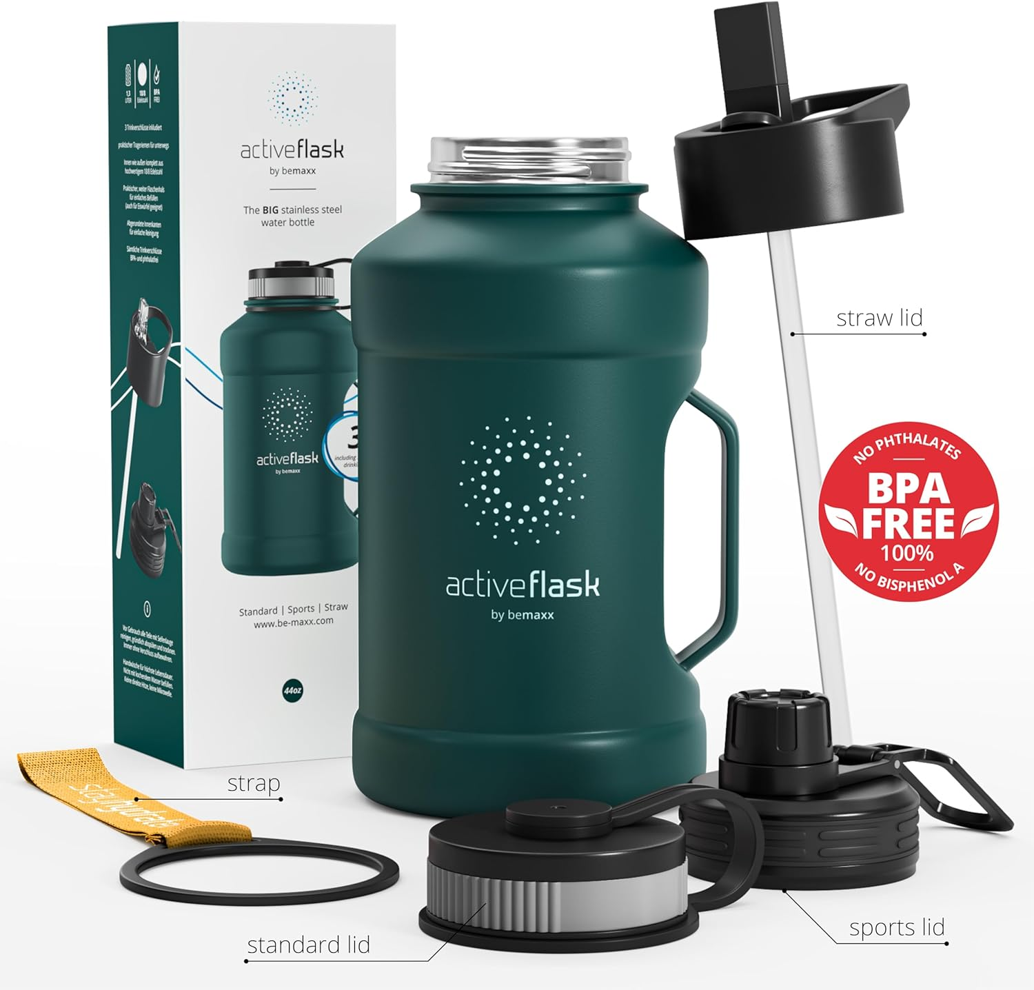 Leakproof Stainless Steel Water-Bottle ACTIVE FLASK + Straw (3 Lids) | Large 1.3/2.2 L Capacity Sports Container Bpa-Free, for Carbonated Drinks, 74 Oz XL Training Outdoor Fitness Water Bottle