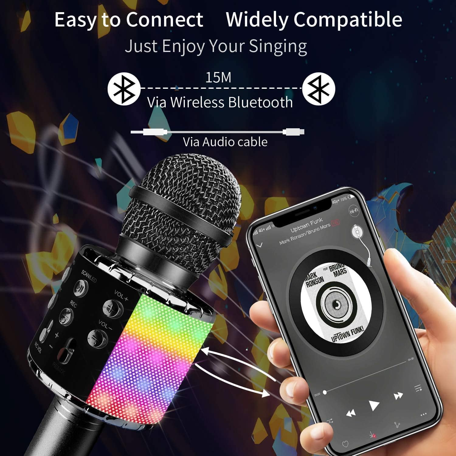 Wireless Bluetooth Karaoke Microphone with Controllable LED Lights, Jfmshop 4 in 1 Portable Karaoke Machine Speaker for Android/Iphone/Pc, Best Gifts Toys for Girls & Boys (Black) image number 4