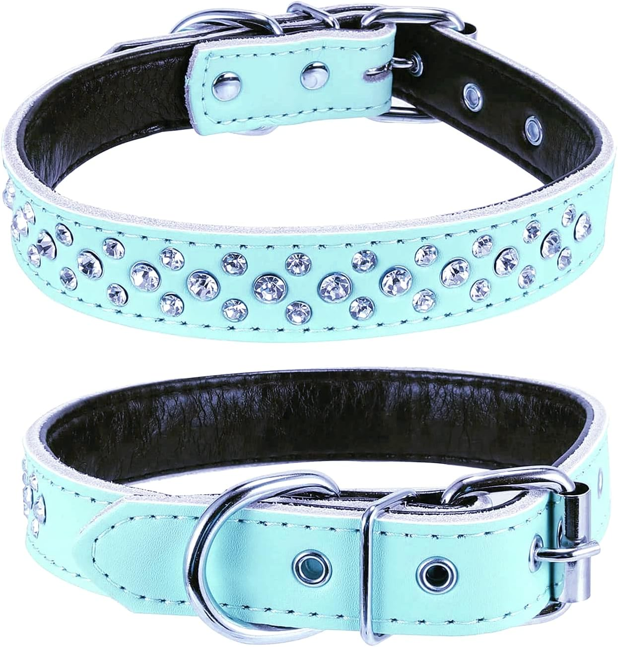 Haoyueer Rhinestones Dog Collar, Adjustable Sparkly Crystal Studded Genuine Leather Pet Dog Collar for Small and Medium Dogs (M, Black)