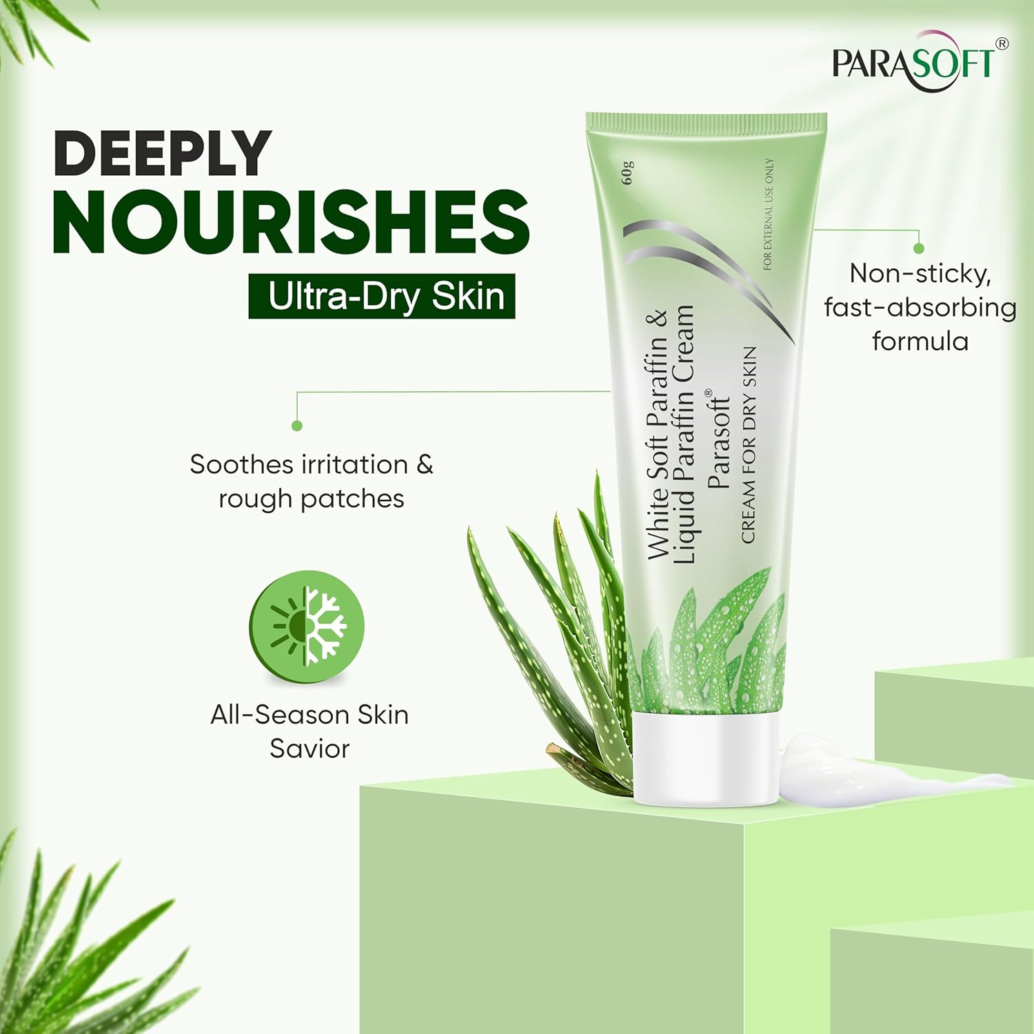 Parasoft Cream for Dry & Dehydrated Skin Intense Moisturizer Nourishing Cold Cream & Winter Cream Goodness of Aloe Vera for Both Men & Women Quick Absorbing & Non-Greasy Paraben Free- 60GM (Pack of 2) image number 1