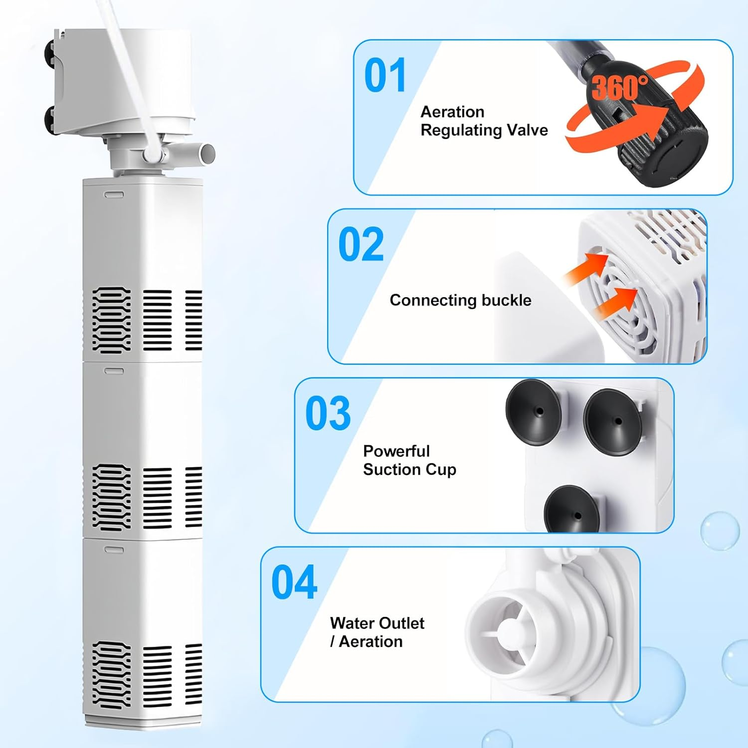 XIULIUU Submersible Aquarium Filter for 30-800 L, 3-In-1 Biochemical Sponge Filter for Aquarium Filtration/Oxygenation/Circulation, up to 2500L/H Adjustable Internal Fish Tank Filter (White) image number 5