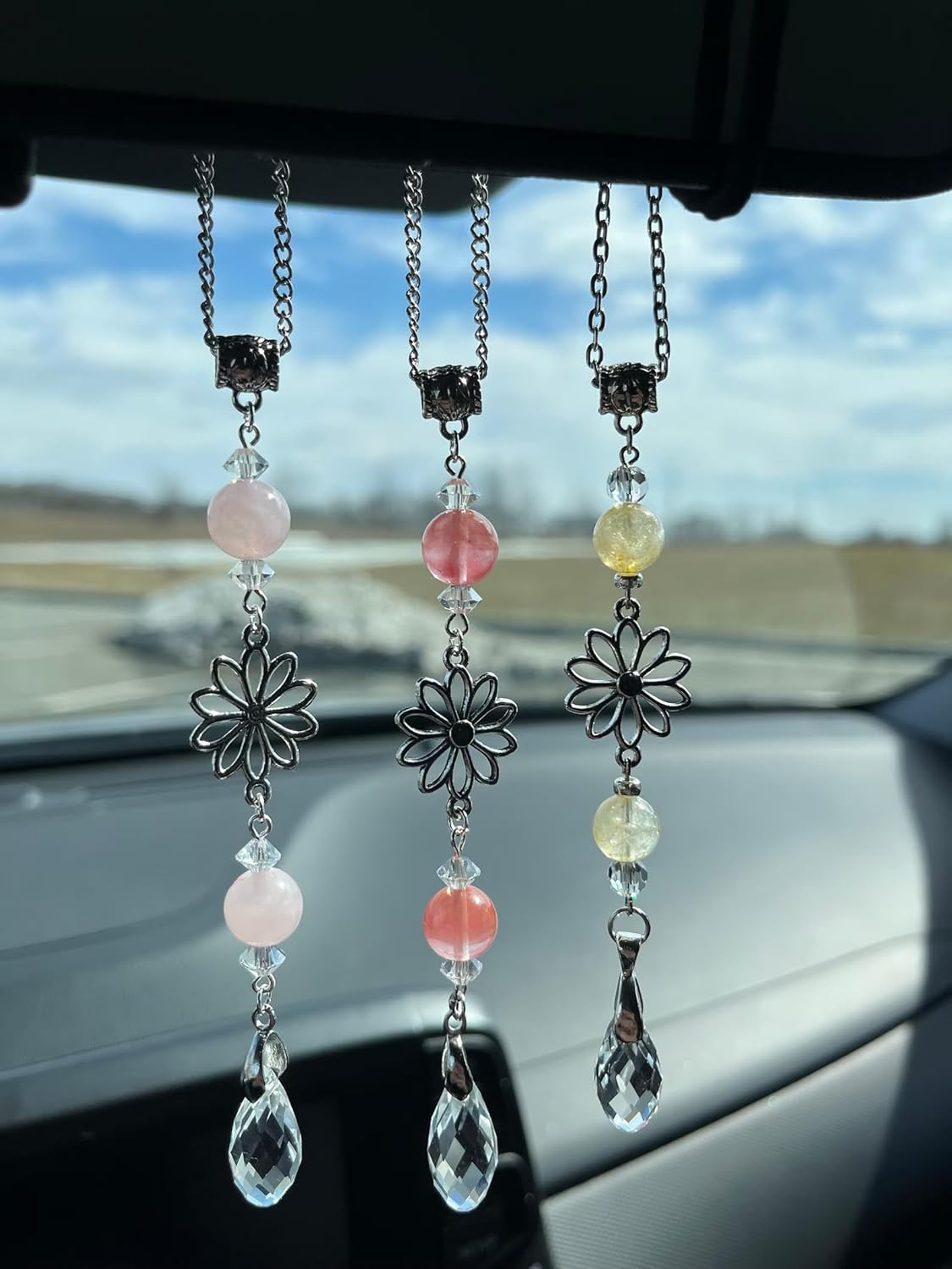 Agromusk Flower Rear View Mirror Car Charms,Crystal BOHO Car Mirror Hanging Decor for Women Men Healing Blue Aquamarine Sun Catcher Cute Car Decorations Accessories