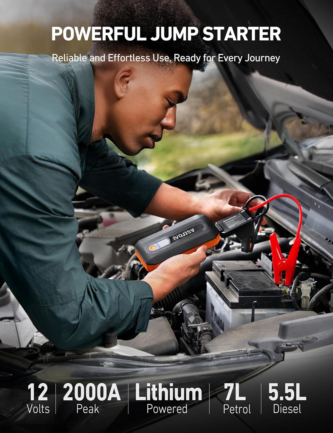 Astroai Car Battery Jump Starter Power Bank 2000A for 12V Vehicles (7.0L Petrol / 5.5L Diesel) and Moto, Portable Car Battery Charger, Smart Car Jump Pack with Smart Battery Clamps & LED Torch, Orange - Orange image number 3