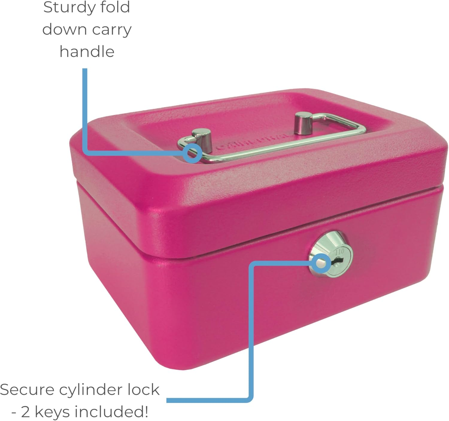 Cathedral Products Key Lockable Cash Box with Lift Out 6 Compartment Coin Tray - 6 Inch - Pink image number 2