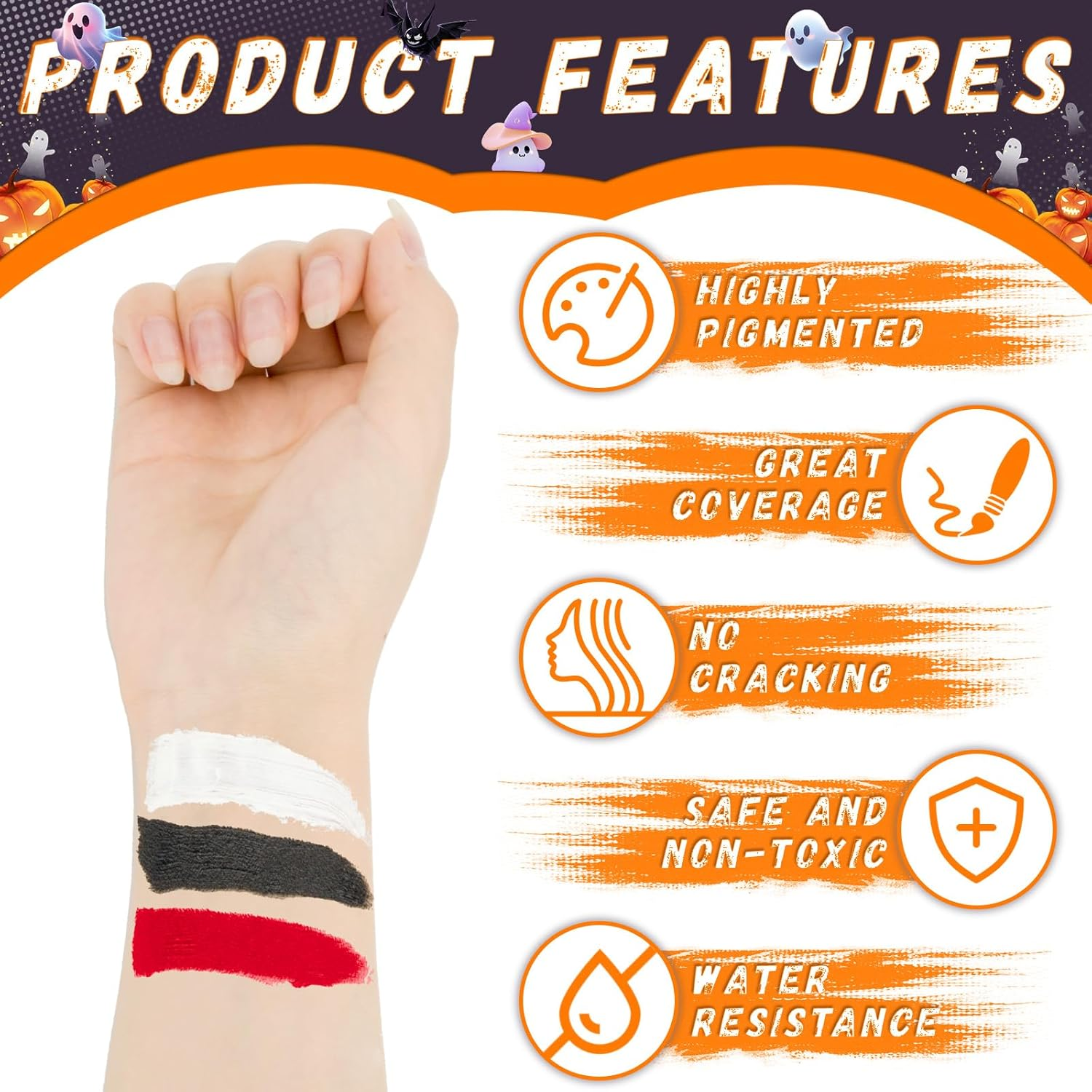 Tonjin Black + White + Red Face Body Paint Set,Non-Toxic Professional Paint Palette Kit with 3 Brushes for Kids & Adults Art Theater Halloween Party Cosplay Clown Corpse Paint SFX Makeup(150G) image number 5