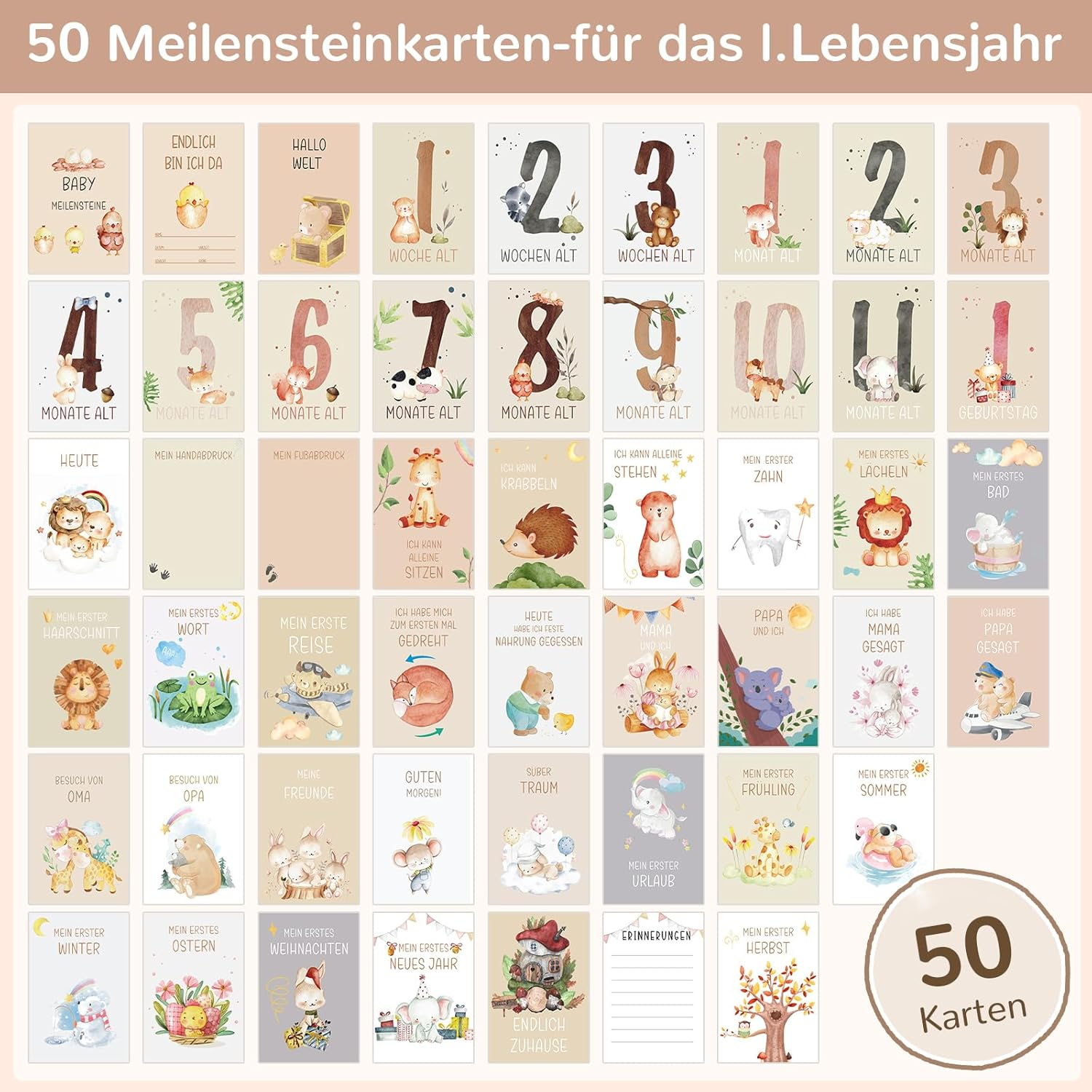 50 Milestone Cards Baby Boho Style Birth Boy Girl Mein Erstes Jahr Newborn Gift Milestones Cards Baby with Gift Box for Birth Christening Baby Shower
