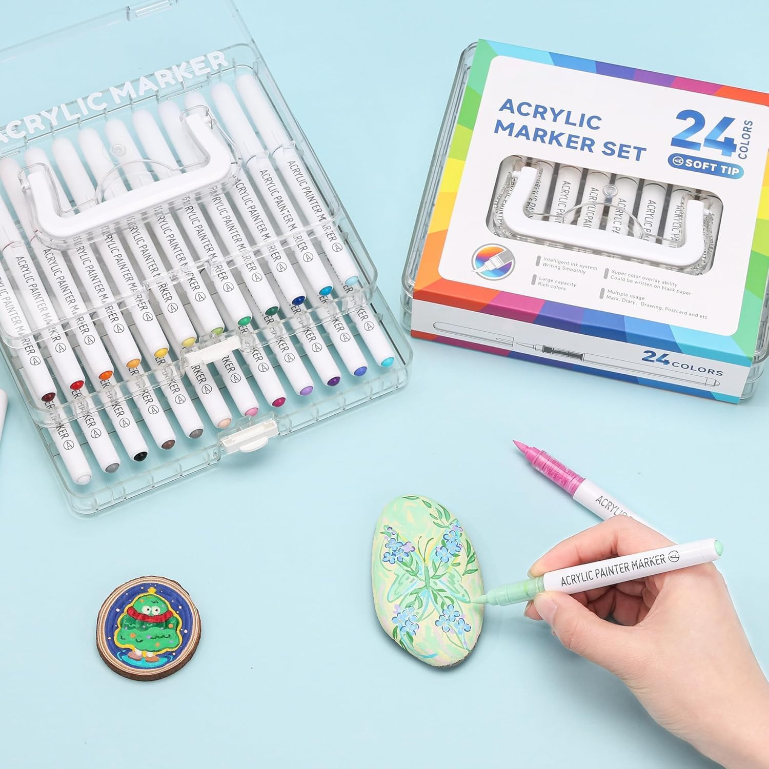24 Colors Acrylic Paint Pens, Soft Brush Tip Acrylic Paint Markers with Fast Drying & No-Bleed Ink, Acrylic Markers for Rock Egg Wood Glass Canvas Painting and Drawing DIY Crafts Art Supplies image number 3