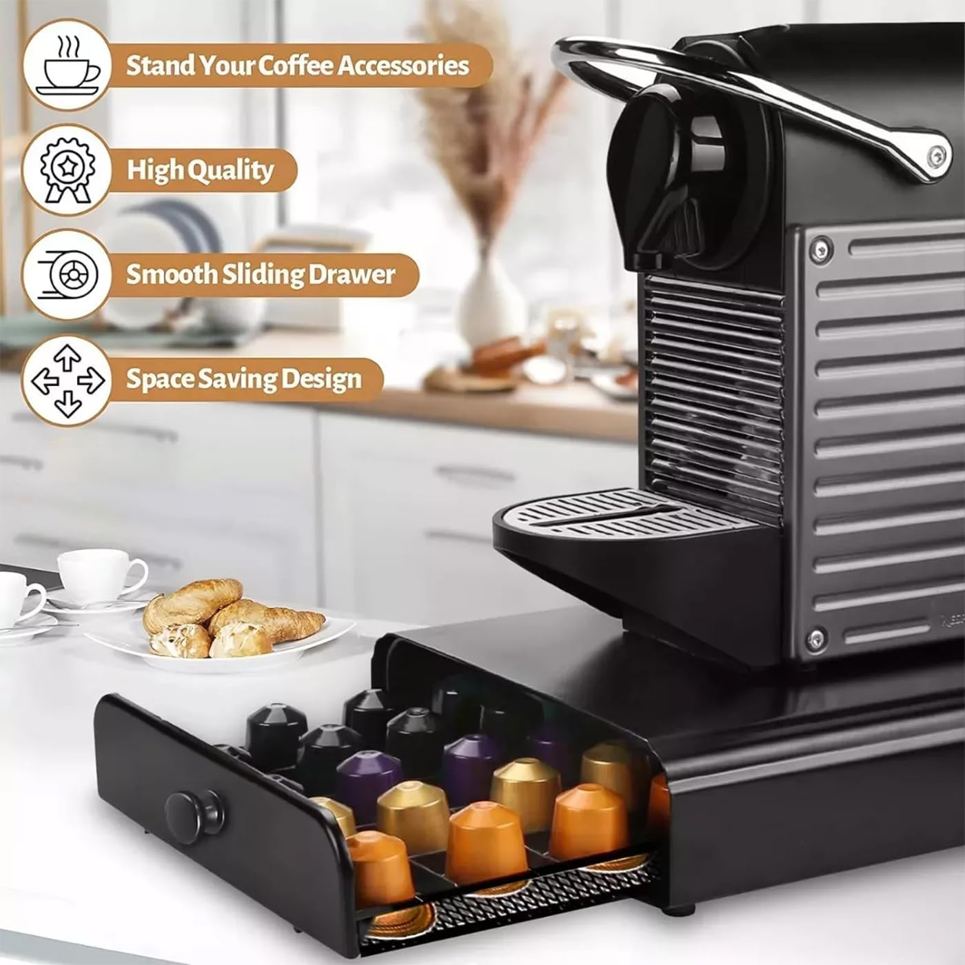 Coffee Pod Capsule Drawer Countertop Organizer Compatible for Nespresso，Metal Coffee Pod Holder 40 Capsules Capacity for Office Kitchen Counter image number 3