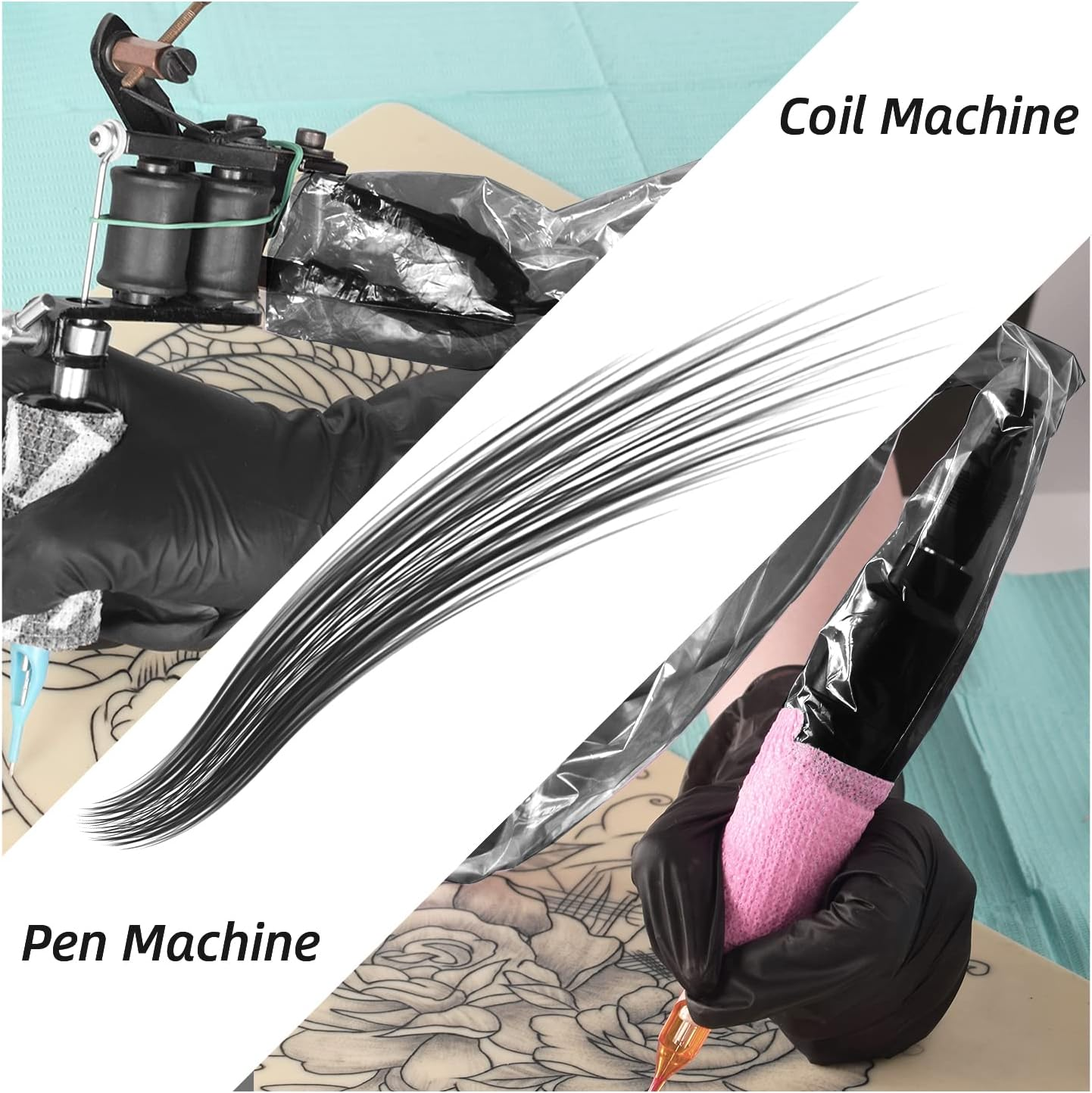 ATOMUS 100Pcs Tattoo Clip Cord Sleeves with 2Pcs Self-Adhesive Bandage Disposable Plastic Cover Bags Tattoo Pen Bag Tattoo Machine Accessories (Black)