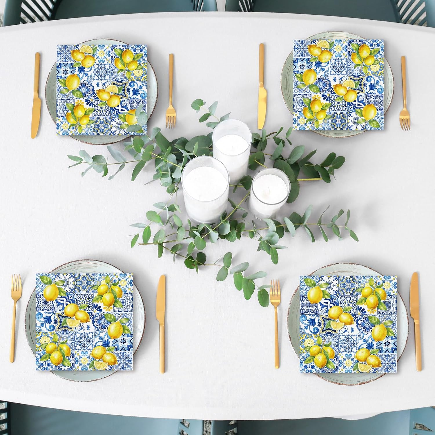 80Pcs Tiles Lemons Paper Napkins Blue Yellow Disposable Napkins Decorative Dinner Napkins Luncheon Napkins for Party Supplies Table Decor image number 6