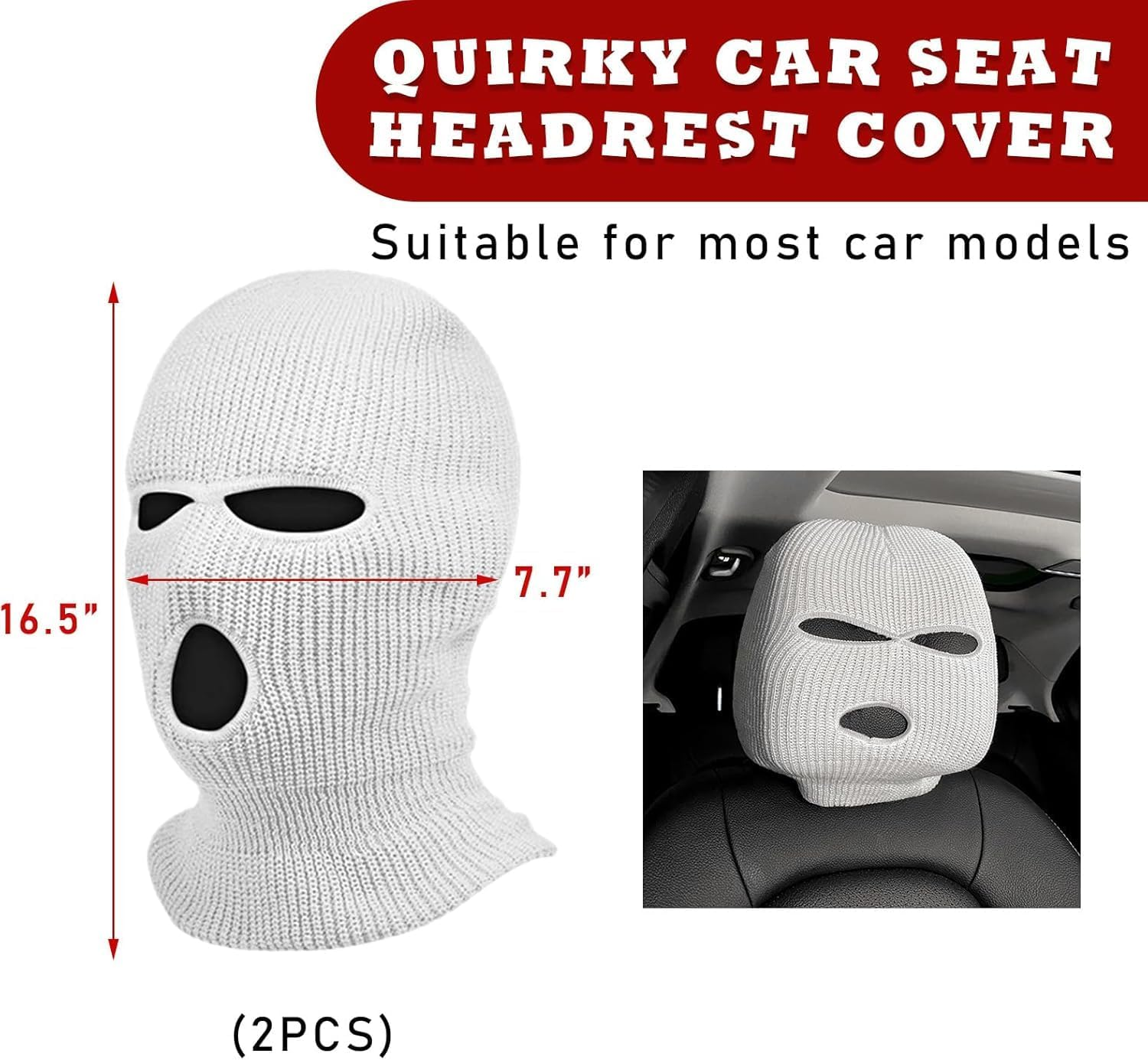 2 PCS Car Headrest Cover, Personalized Funny Car Seat Full Face Mask, Ski Mask Wrap Protection for Auto Front Seat Rest Decoration, Universal Interior Car Accessories (White) image number 3