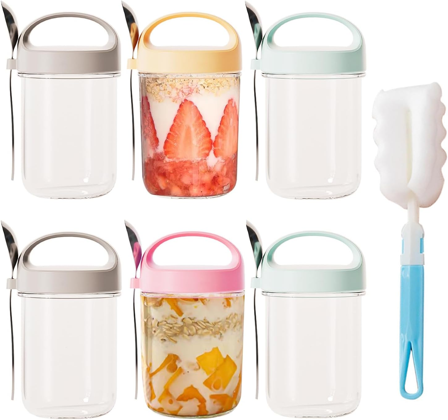 6 PCS 15OZ Overnight Oats Containers Jars with Lids and Spoons, Oatmeal Containers with Handle, Wide Mouth Glass Mason Overnight Oats Jars for Cereal Fruit Vegetable Milk Salad Yogur image number 4