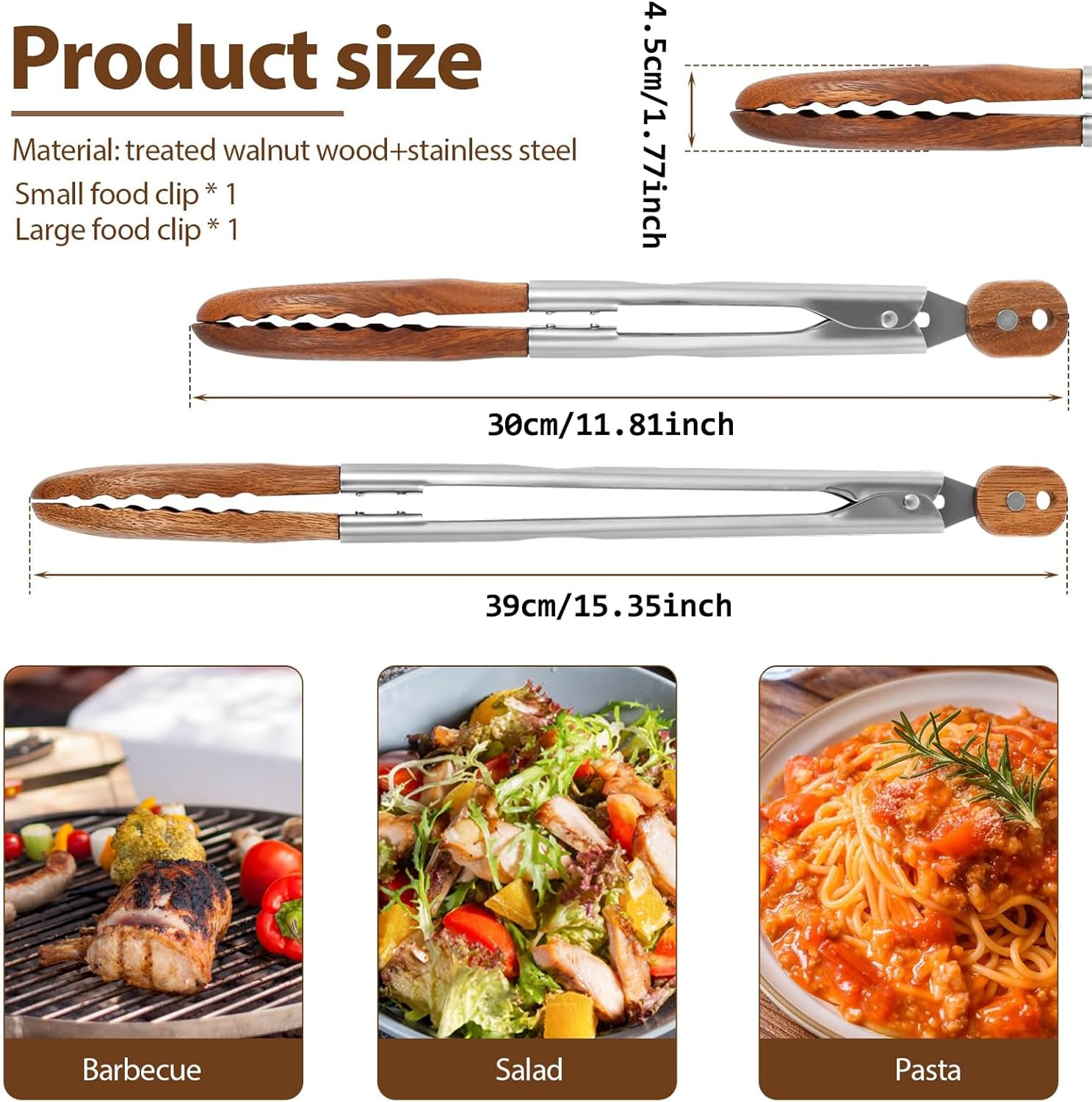 2 Pack Walnut Wooden Kitchen Tongs, 9/12 in Wooden Tongs, High Temperature Resistant and Non-Stick,For Serving Food Grilling BBQ Tossing Salad Flipping Burgers Cookware Tools image number 3