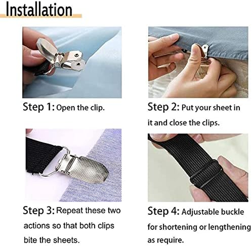 Sheet Fasteners,Bed Sheet Holder Straps,Sheet Suspenders with Elastic Bands and Corner Clips,Used for Bed Sheets,Mattress Covers,Sofa Cushion(4Pcs/Set, Black)