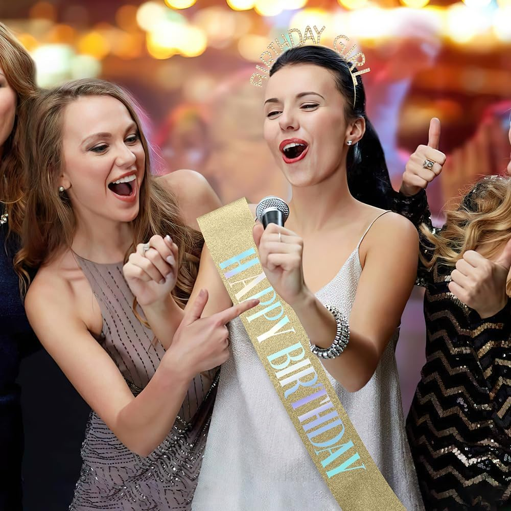 Birthday Sash and Crown, Girl Headband Tiara Rhinestone, Happy Birthday Sash, Glitter Golden Yellow Accessories Set, Party Decorations, Supplies Stuff Gifts for Girls Princess Queen Women Adult Woman image number 7