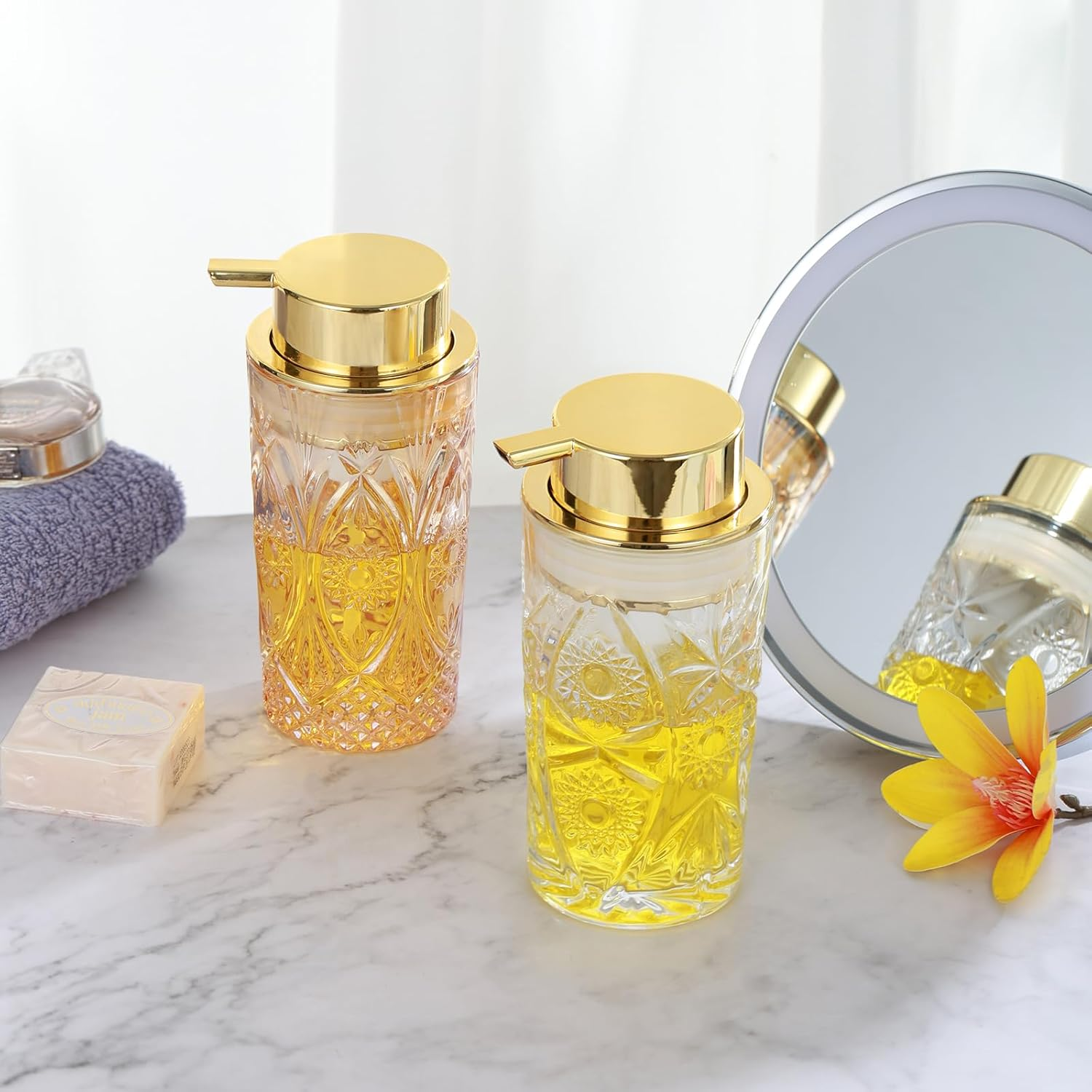 LEICURACE Glass Foaming Hand Soap Dispenser Foaming Soap Dispenser for Bathroom Clear Soap Dispenser with Pump (Amber Sun Patteren) - Foam Type/Gold/U Pattern image number 2