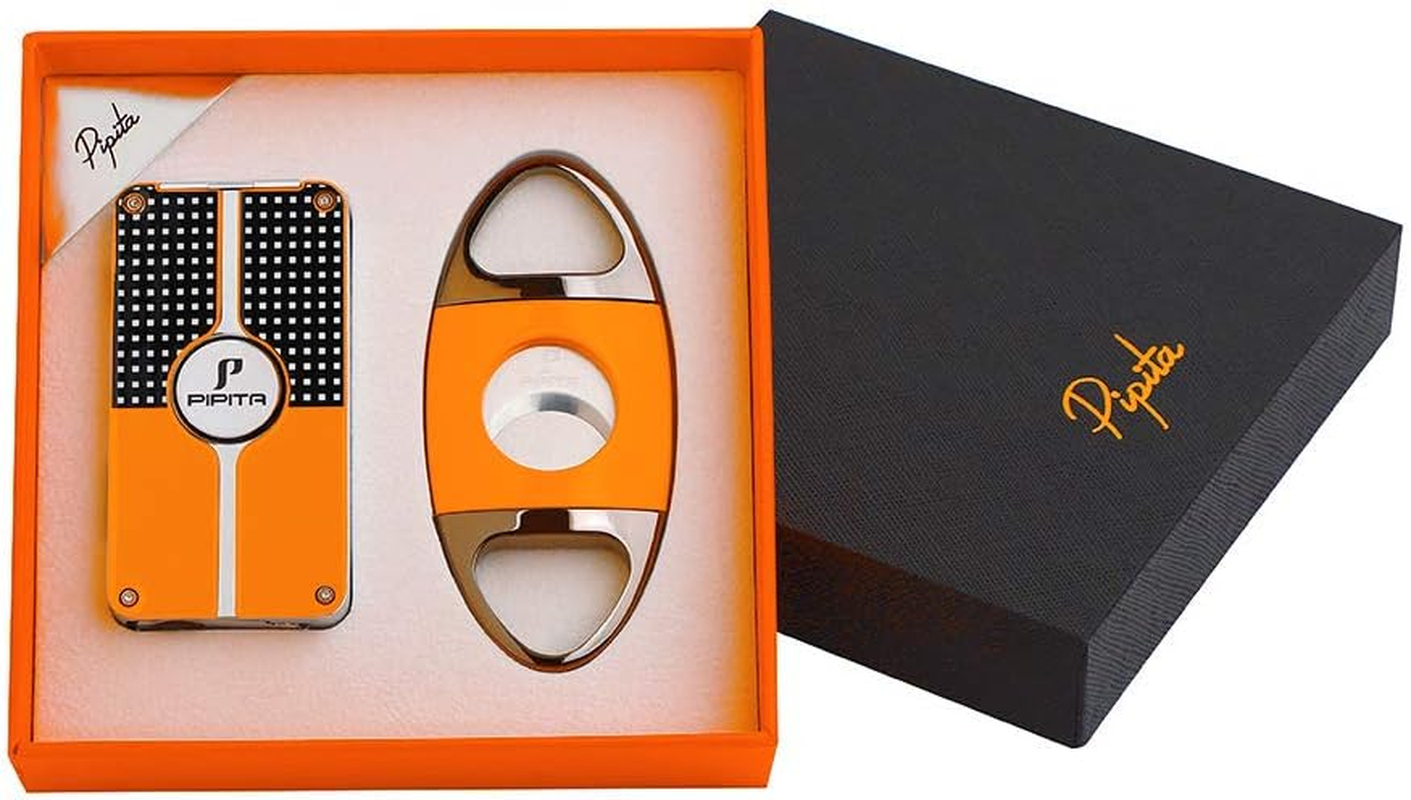 PIPITA Torch Lighter Gift Set,Windproof Triple Jet Blue Flame Torch Lighter with Punch and Cutter Set, Refillable Buntane Gas Lighters (Without Gas) (Silver)