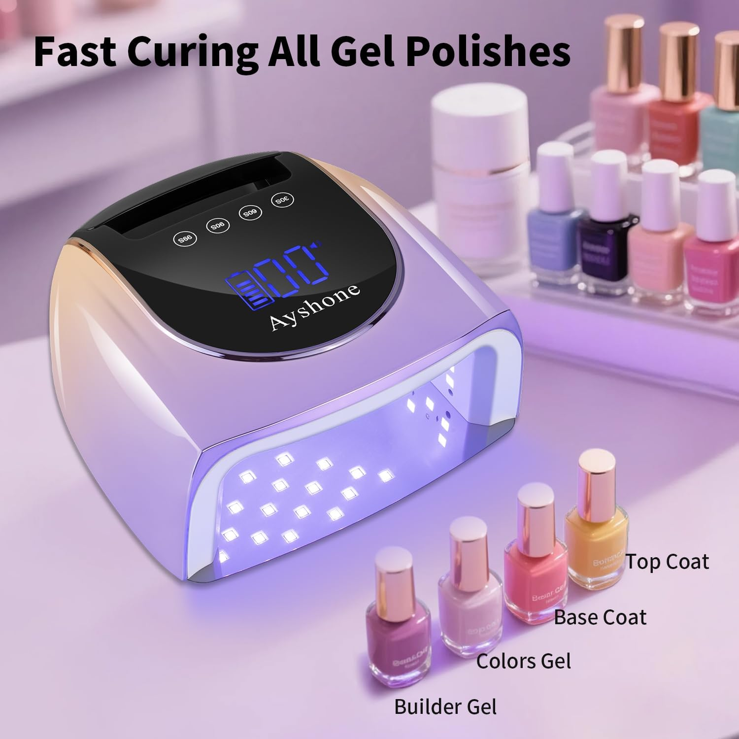 Ayshone Cordless Rechargeable UV Nail Lamp,96W UV Light for Gel Nails with Metal Base,Professional Fast Charger Curing Lamp,4 Timer Setting and Smart Sensor(Gradient Purple) image number 2