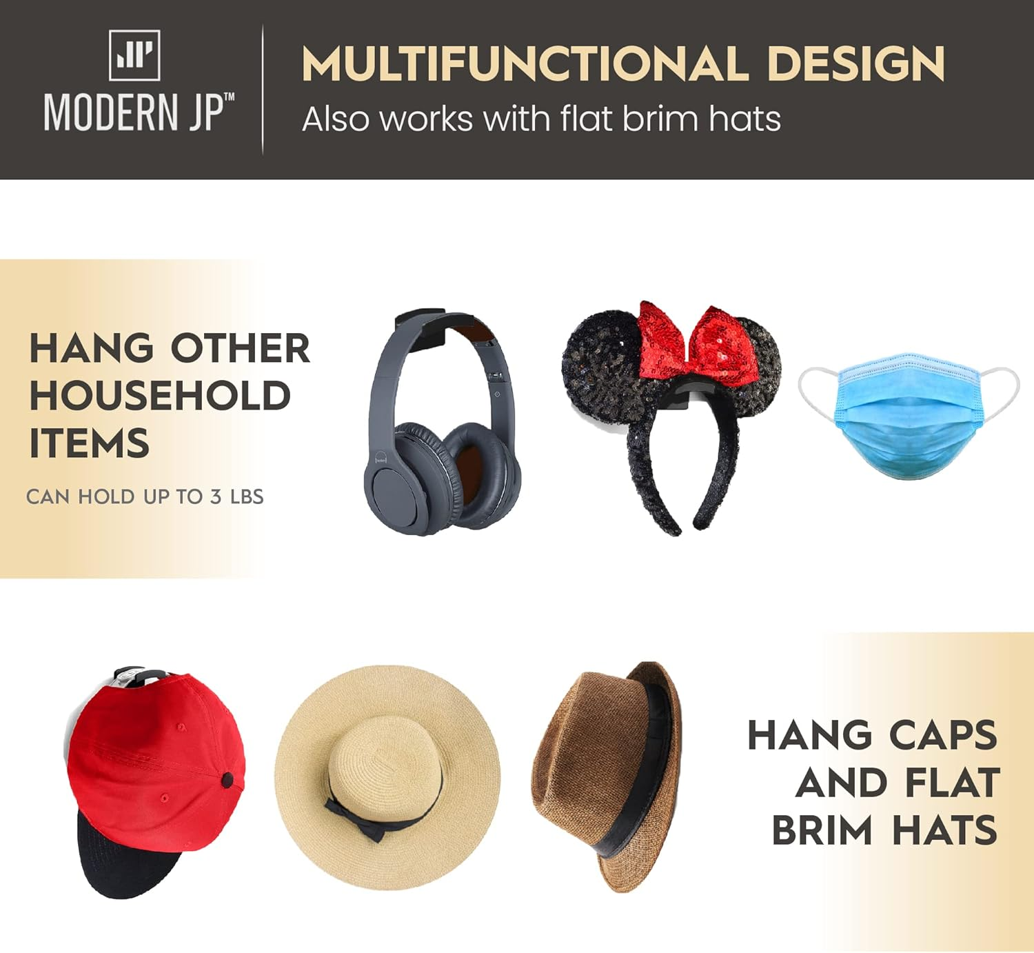 Modern JP Adhesive Hooks for Disney Ears (8-Pack) - Minimalist Disney Ear Holder, No Drilling Headband Holder Design, Strong Hold Headband Organizer - USA Patented, Black - 16, Grey image number 3