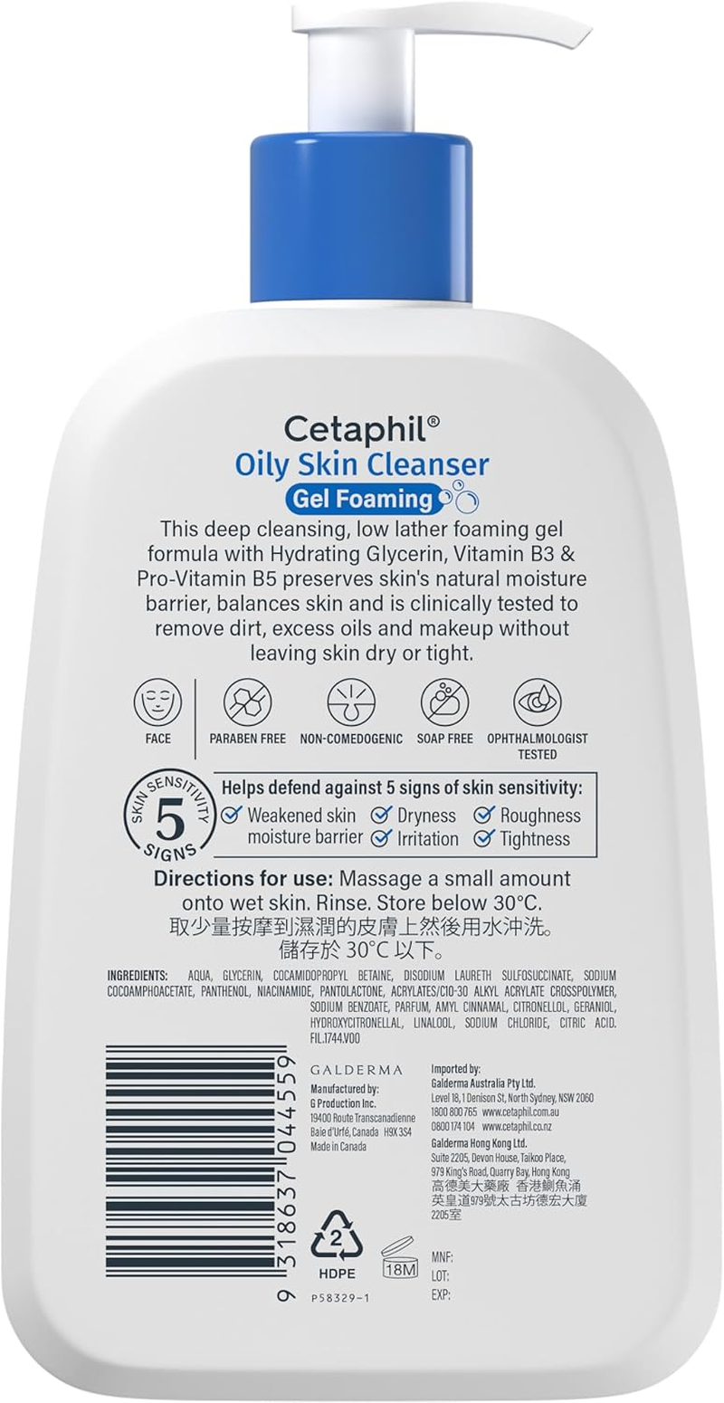 CETAPHIL Oily Skin Cleanser 473Ml, Gentle Face Wash for Sensitive Skin, with Glycerin & Panthenol, Hypoallergenic, Dermatologist Tested