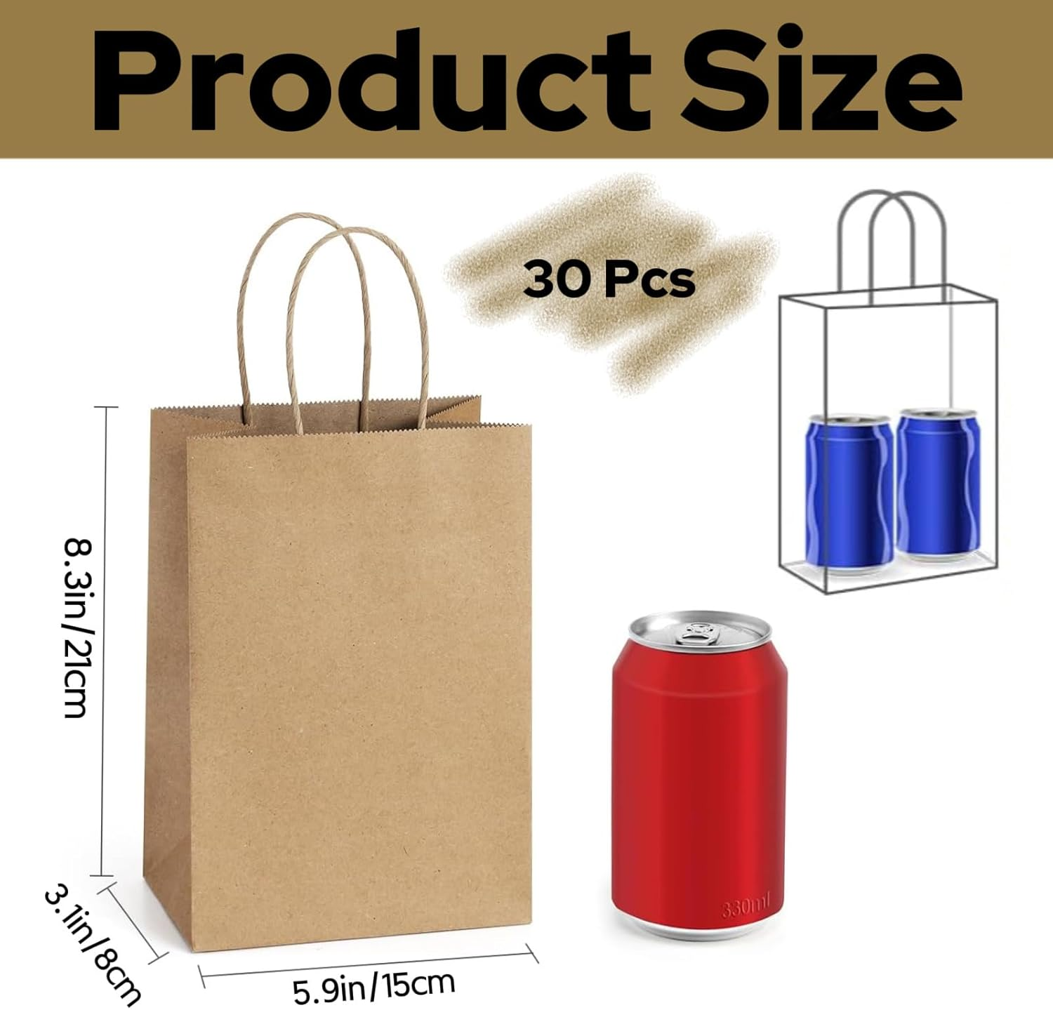 30 Pcs Kraft Paper Bags with Handles, 5.9X3.1X8.3 in Brown Gift Bags, for Business, Retail, Shopping, Party Favor image number 1