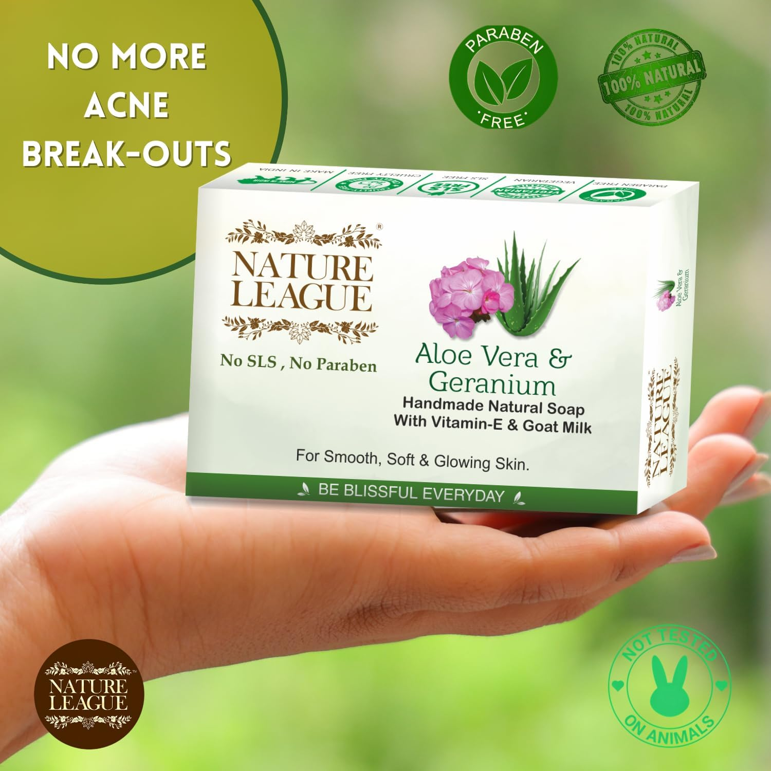 NATURE LEAGUE &ndash; ALOEVERA & GERANIUM | Natural Handmade Soap | with Aloevera Extract & Geranium Essential Oil | Vitamin-E | Sulphate, Paraben, Phthalate & Silicone Free (400 Gm) image number 2
