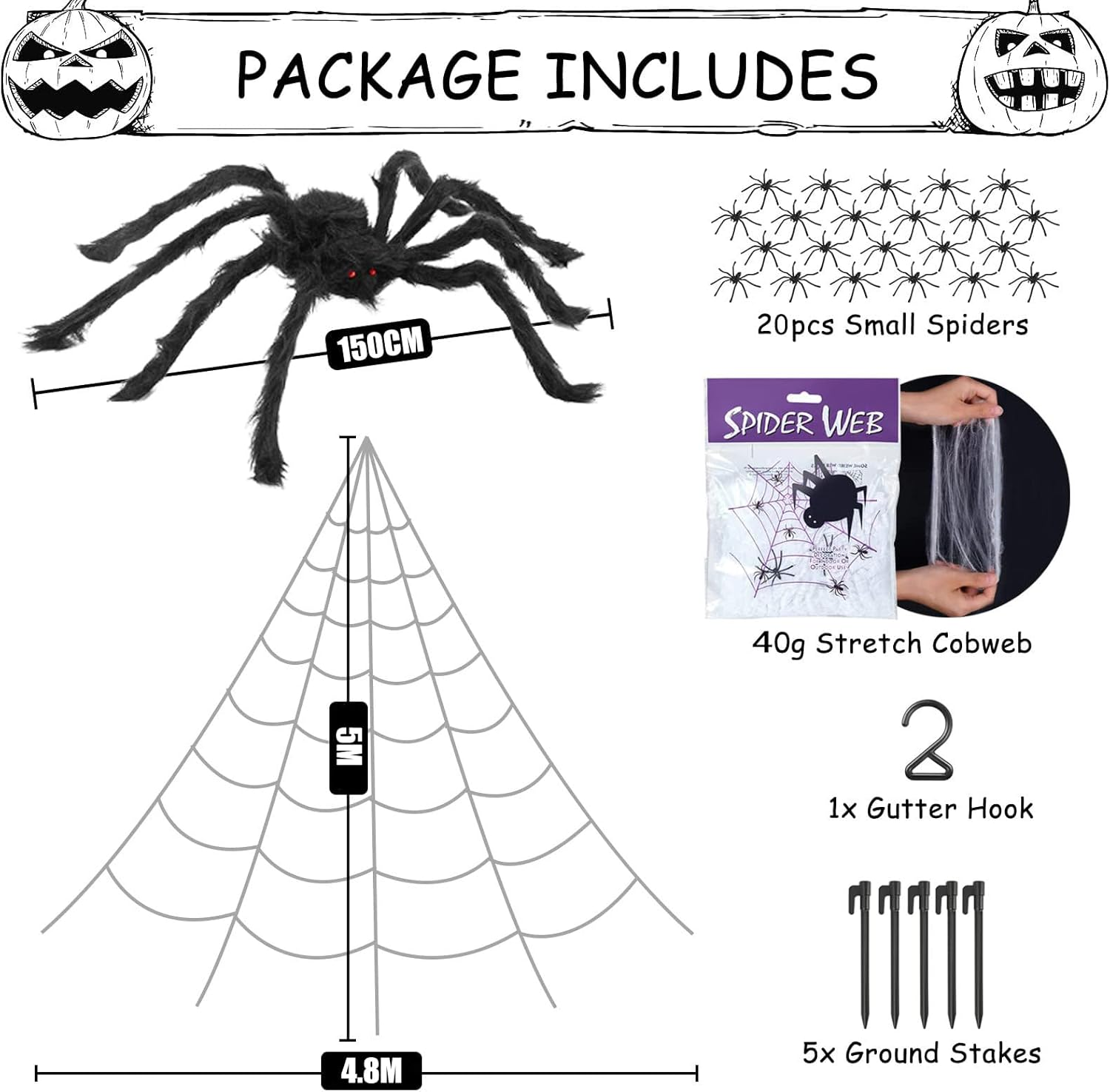 Giant Yard Halloween Decorations Outdoor Spider Web with 150CM Spider outside Scary Decor Hanging Triangular Mega Spider Web Fake Spiders Stretch Cobweb Set Party Supplies Favor