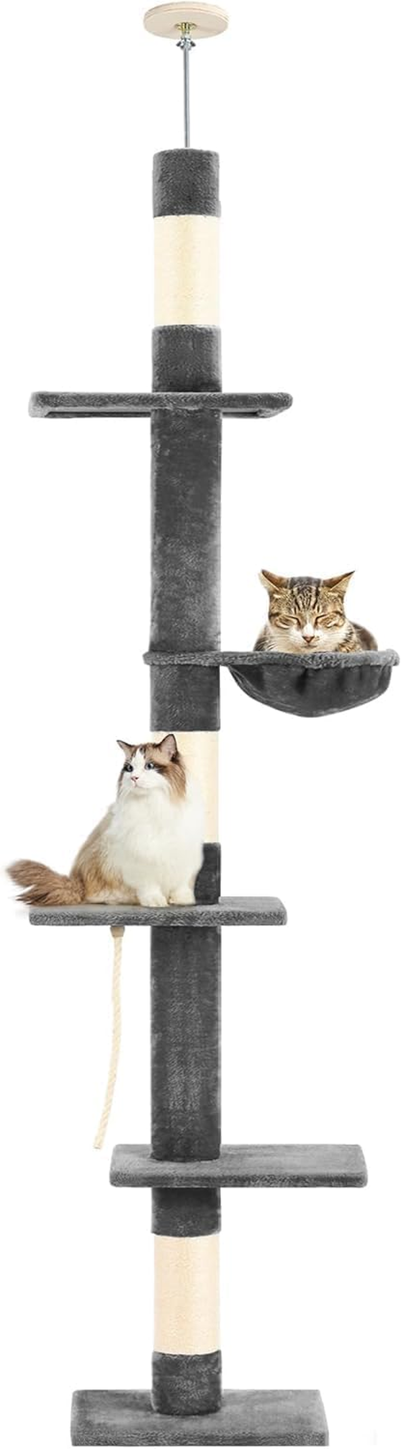 Cat Tree Floor to Ceiling, 5-Tier Cat Tower with Cozy Hammock, 220-274Cm Adjustable Height, Sisal Cat Scratching Post Provide Cats Vertical Enrichment to Jump and Climb (Dark Grey)