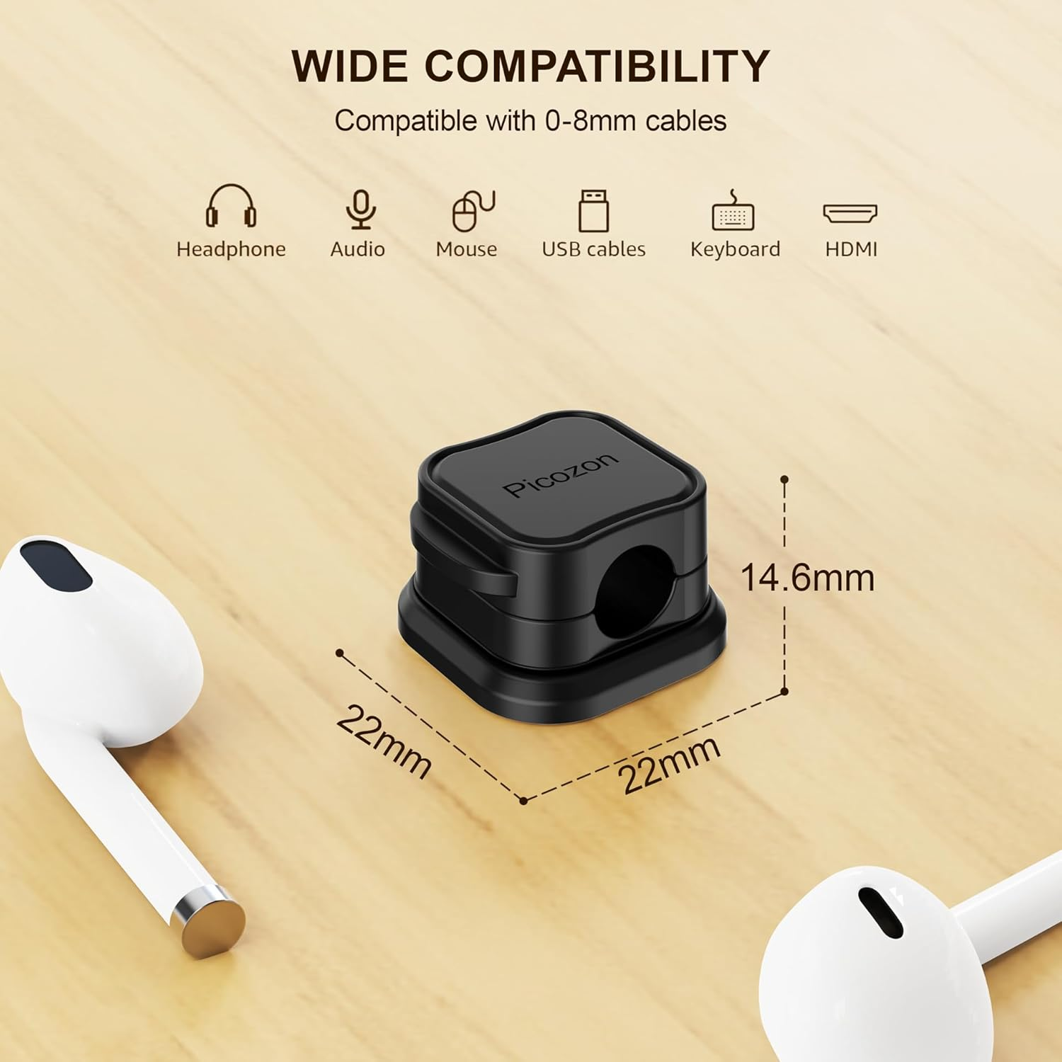 6 Pack Magnetic Cable Clip Organizer Cord Holder, Picozon Adhesive Cable Management, Wire Phone USB Charger Cable Holder Keeper Organizer for Car, Office Home Desktop, Wall, Night Table, Black