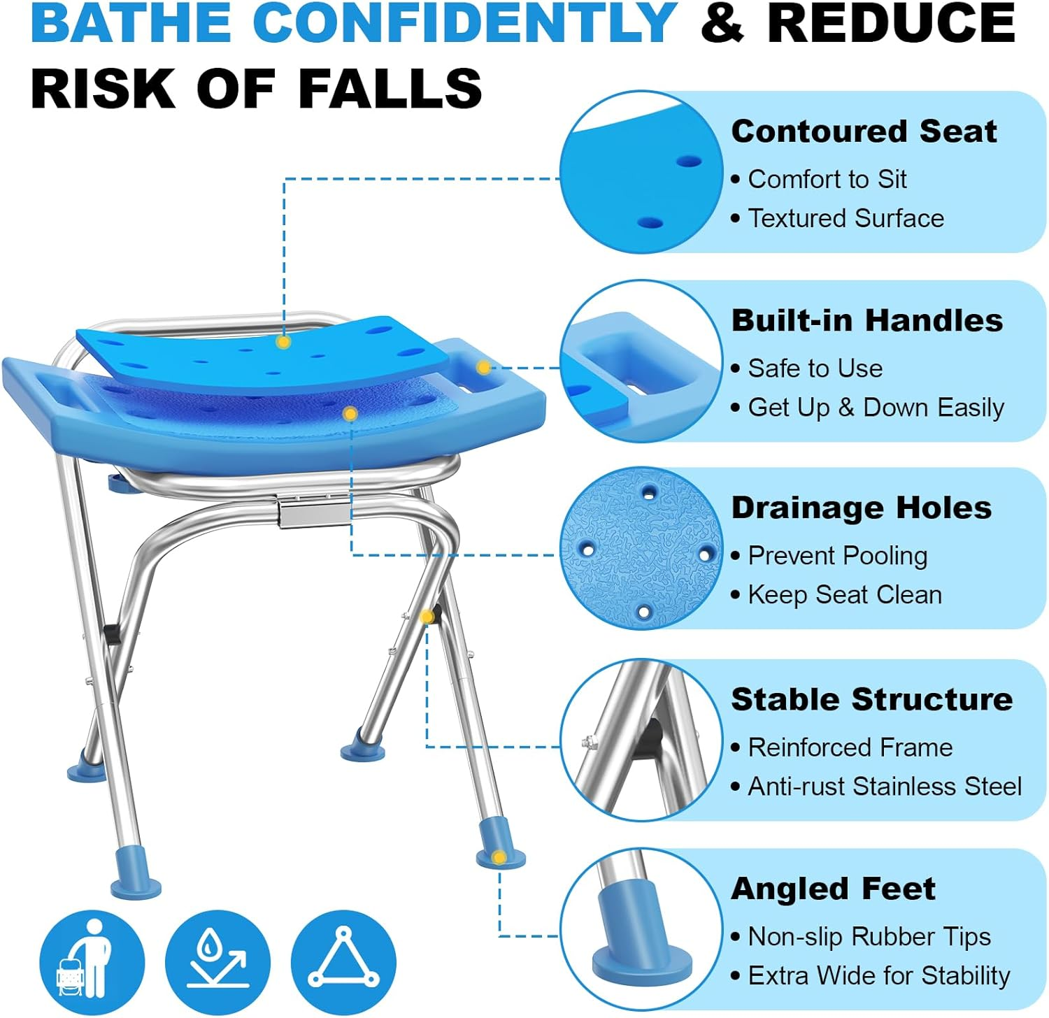 Medhelp Upgraded Folding Shower Chair, Stainless Steel Foldable Shower Seat for inside Bathtub, Lightweight & Portable Travel Shower Stool, Anti-Slip Feet Bath Chairfor Elderly, Disabled, Injured image number 4