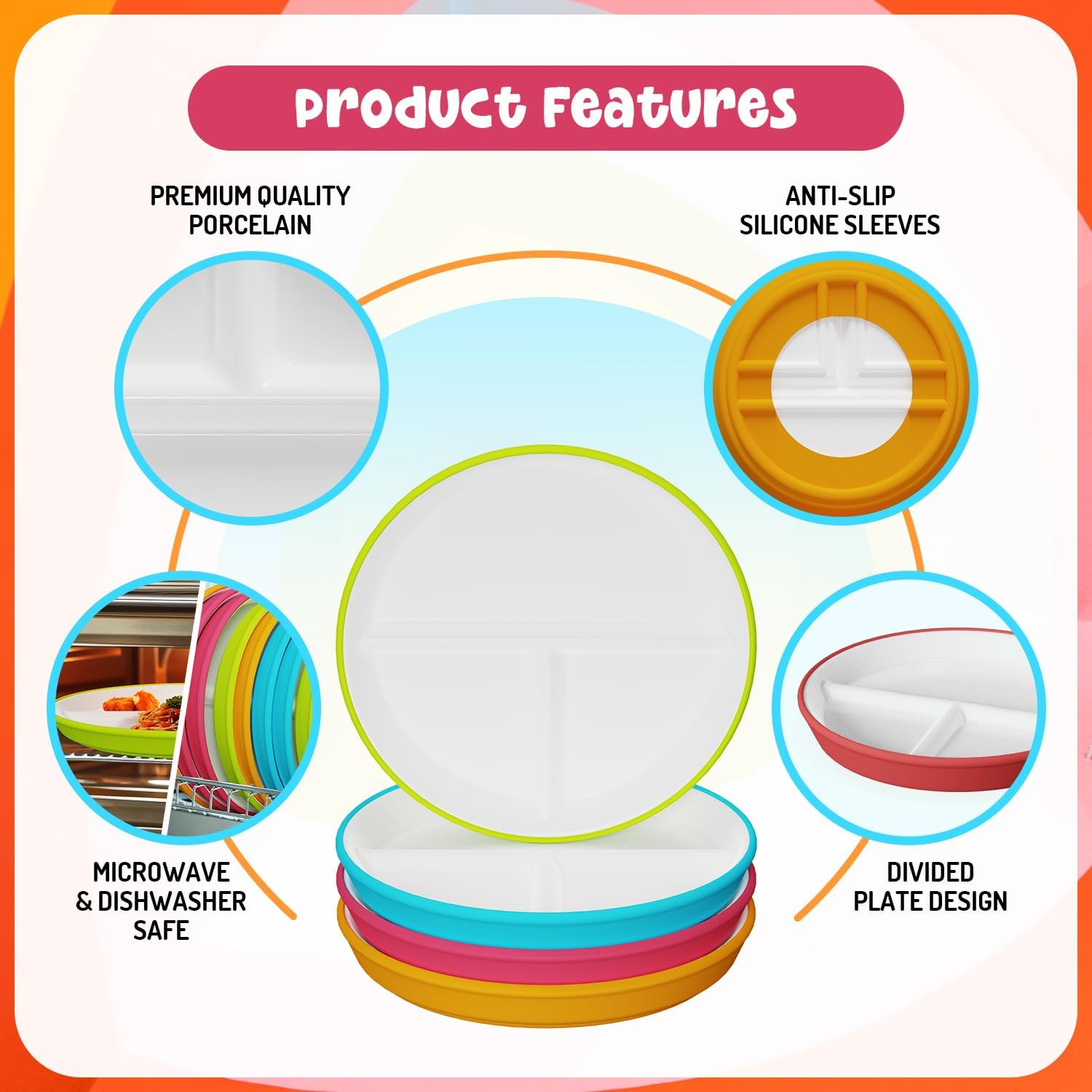 Kids Porcelain Plates with Anti-Slip Silicone Sleeves | Microwave & Dishwasher Safe | Premium Divided Toddler Plates for Hassle-Free Eating | Perfect for Toddlers & Kids of All Ages - Set of 4 Plates image number 5