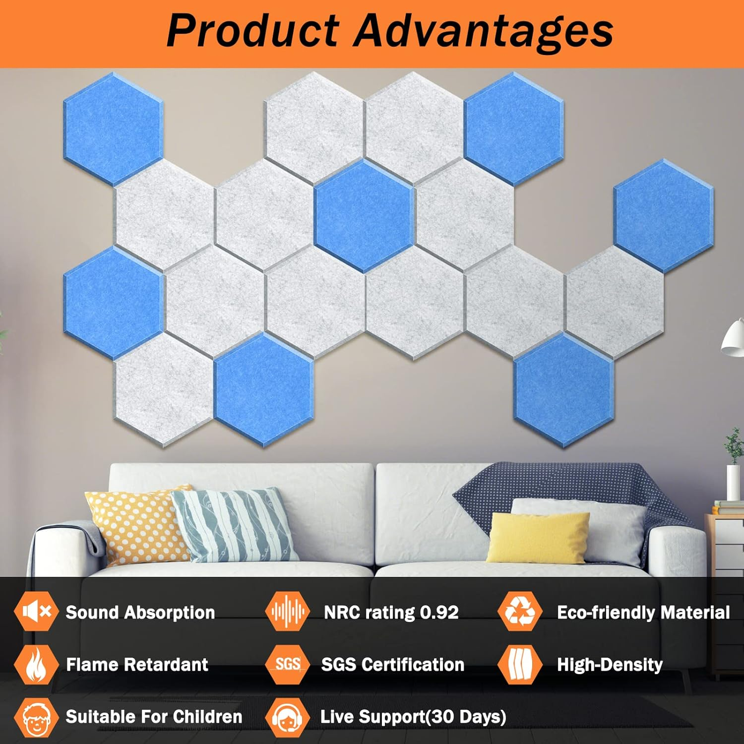 DEKIRU 12 PACK Acoustic Panels, Sound Proof Foam Panels Hexagon Self-Adhesive 12"X10"X0.4", Flame Resistant Soundproof Wall Panels, Sound Proof Panels for Walls, Home and Studio Equipment (Blue） image number 1