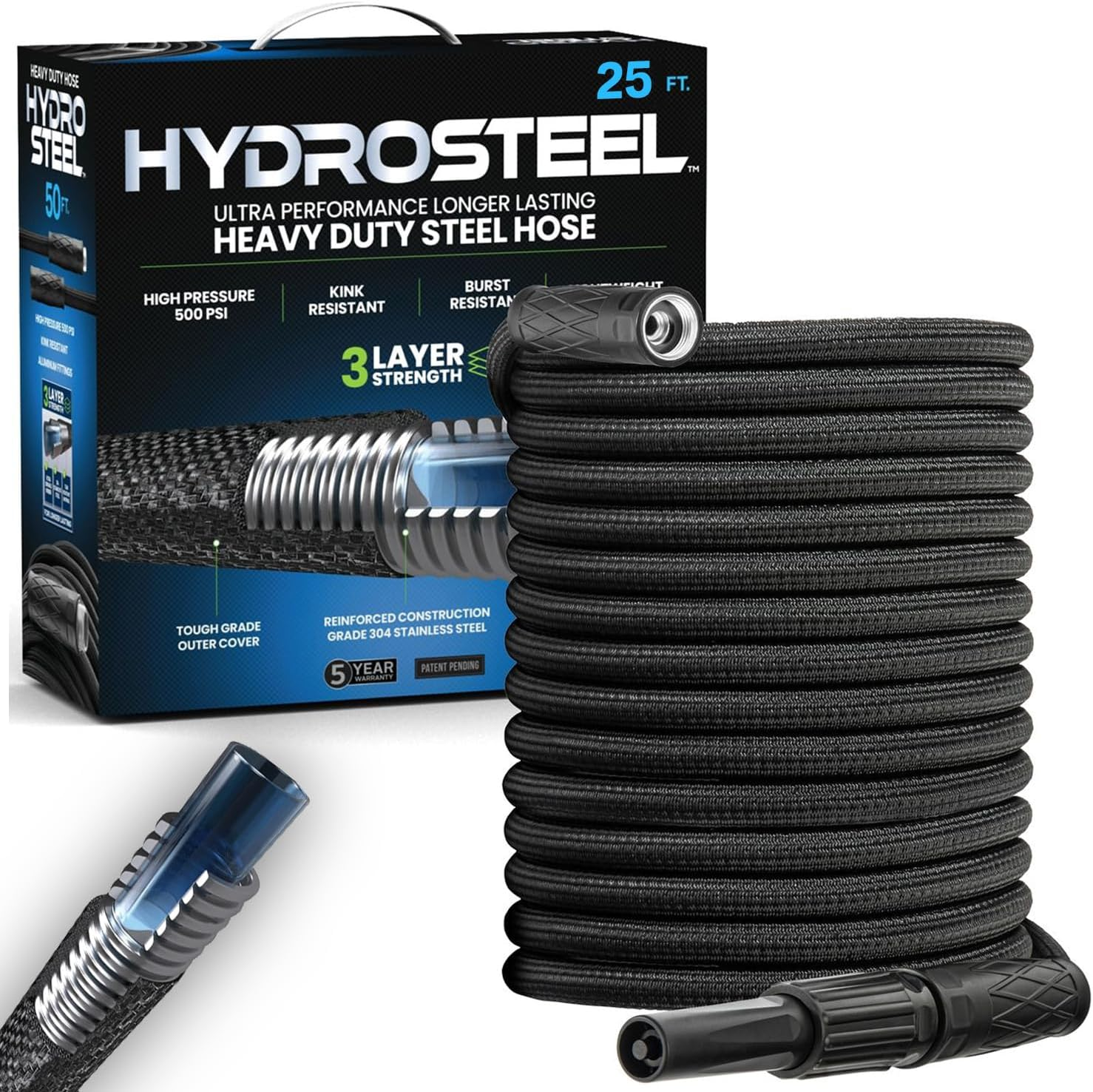 HYDROSTEEL Metal Garden Hose 100 Ft with Nozzle, Water Hose 100Ft, Heavy Duty 3X Layer Stainless Steel Flexible 100 Ft Garden Hose, Lightweight, Easy to Coil, Kink Resistant, 500 PSI as SEEN on TV