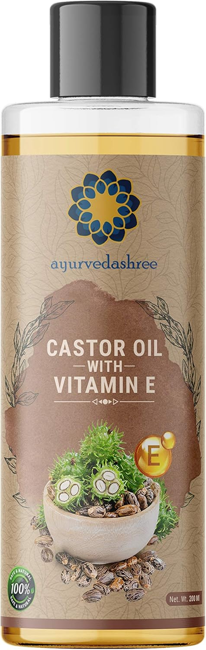 100% Pure Cold Pressed Castor Oil with Vitamin E 200 Ml 6.76 Fl Oz Conditioning & Healing for Dry Skin Hair Care Coldpressed Castor Oil with Vitamin E