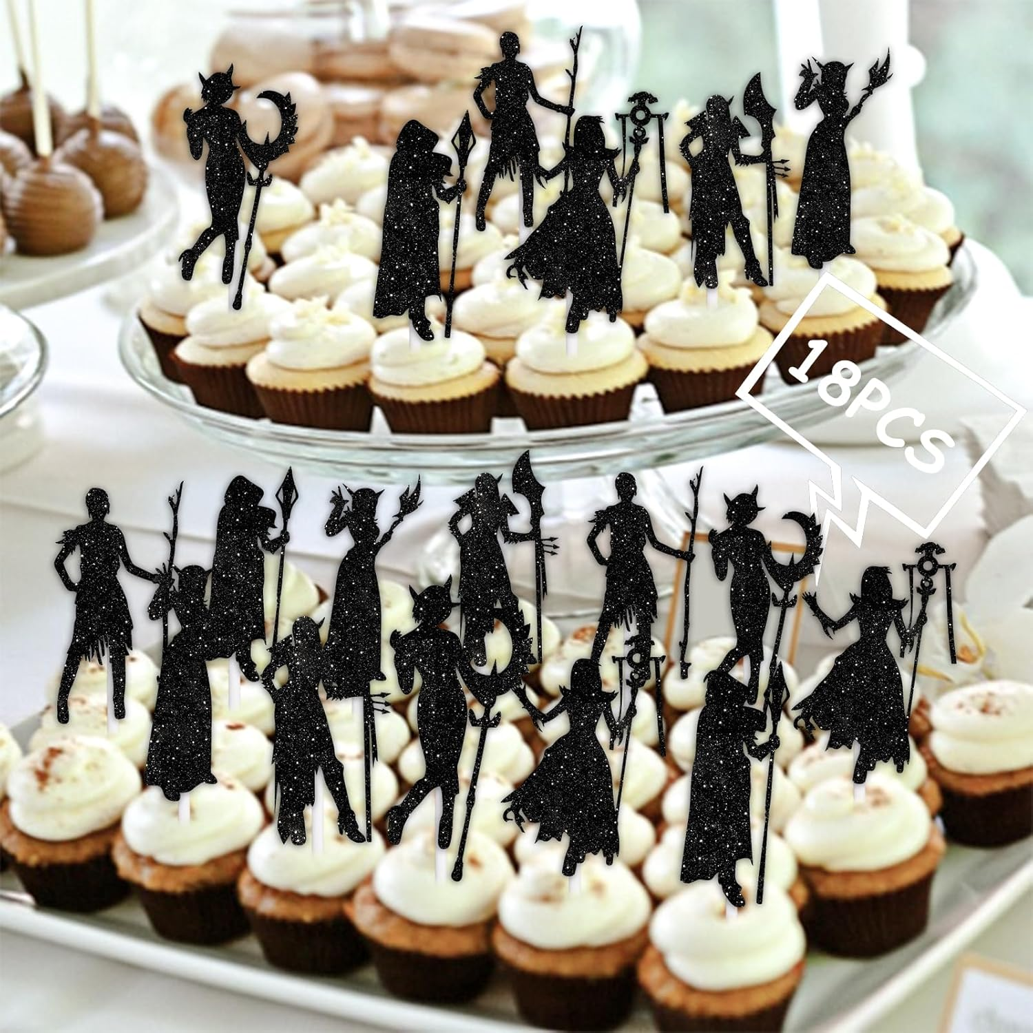 18Pcs Black Silhouette Glitter Woman Warrior Dessert Cupcake Topper Pick for Game Player Cosplay Play Gaming Sports Party Theme Decor Supplies Men Women Boys Girls Happy Birthday Party Decoration image number 2