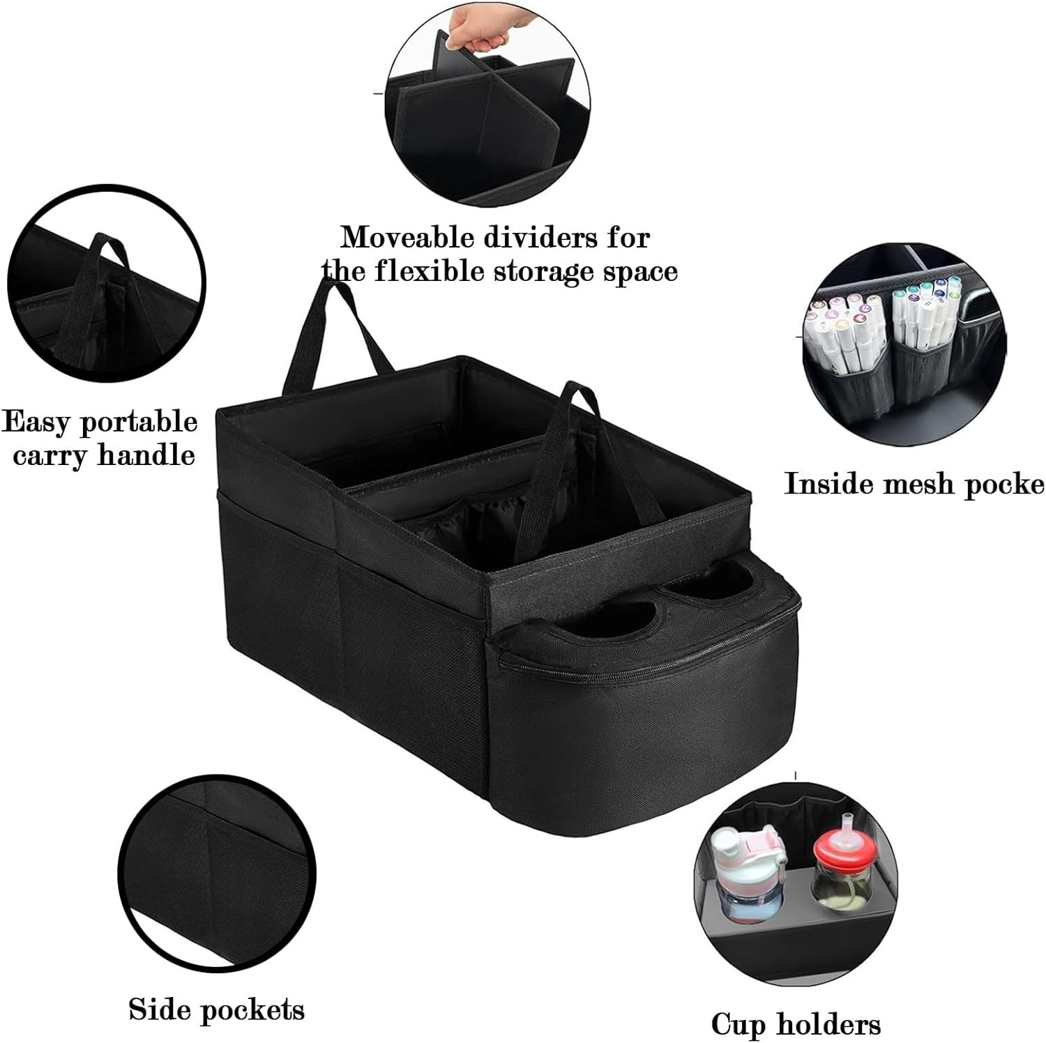 2Pcs Car Organizer, Car Seat Storage, Compartmentalized Storage with Cup Holders, Black image number 1