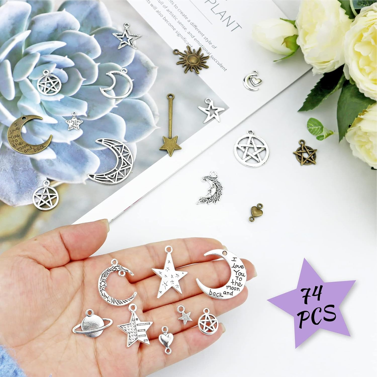 JIALEEY Celestial Mixed Sun Moon Star Charms, Wholesale Bulk Lots Antique Alloy Charms Pendants DIY for Necklace Bracelet Jewelry Making and Crafting, 100G(74Pcs), Alloy Steel, Alloy Steel image number 6
