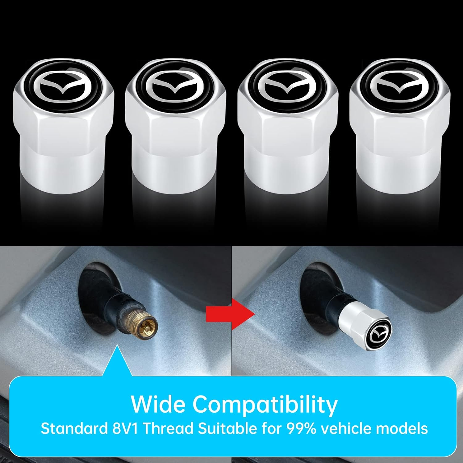 Tire Valve Stem Cap,Wheel Caps Compatible with Mazda CX-5 CX-7 CX-8 M6 MX5 RX7 RX8 A8 CX9 MX6 Series All Models, Metal Air Valve Cover Car Accessories,Not Made by Mazda,4 Pcs(Silver) image number 3