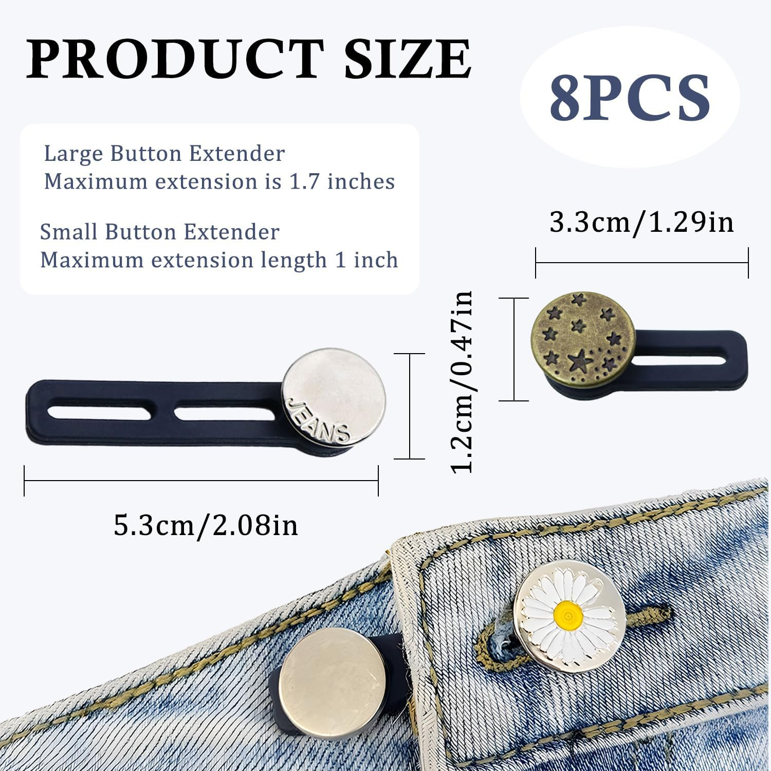 TORMEN No-Sew Button Extenders for Pants, Adjustable Waist Extender for Jeans, Comfortable Invisible Waistband for Women and Men, Easy to Use, （8 Pcs） image number 3