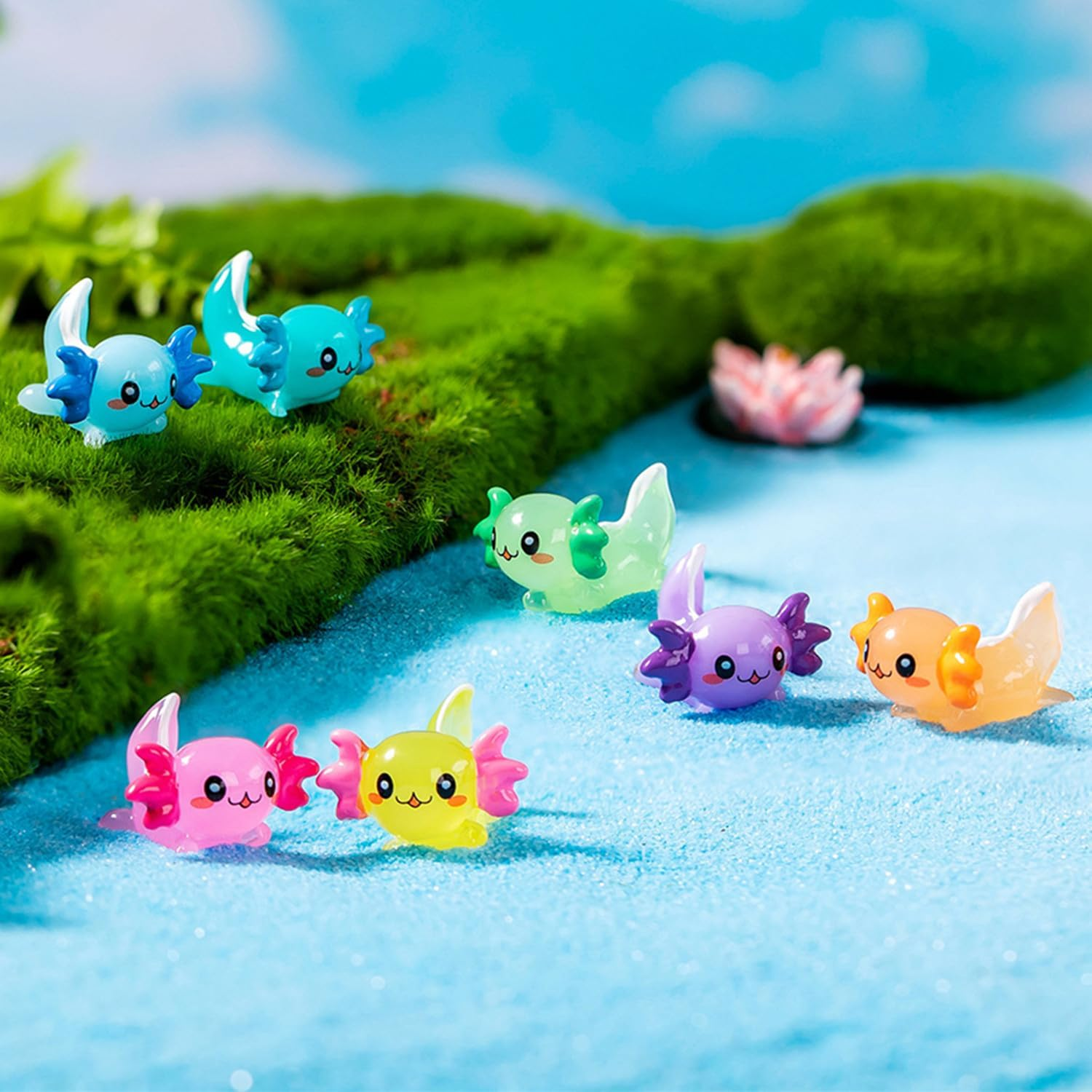 Mini Resin Axolotl Miniature Figurine, Glow in the Dark Tiny Animal Figurines Small Luminous Charm Ornament for DIY Craft Garden Landscape Ornament Potted Plants Decorations (Luminous-42Pcs) - Solid Color - 42Pcs image number 4